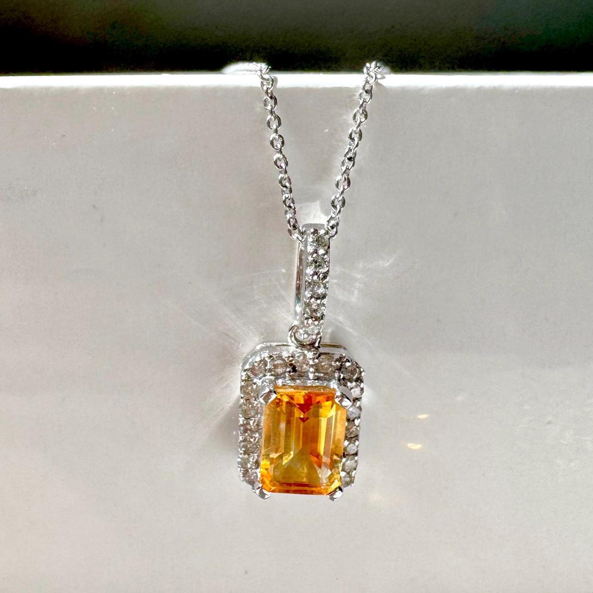 Citrine Diamond Pendant, Genuine Emerald Cut, 14k Solid White Gold Necklace, November Birthstone, Gift for Her