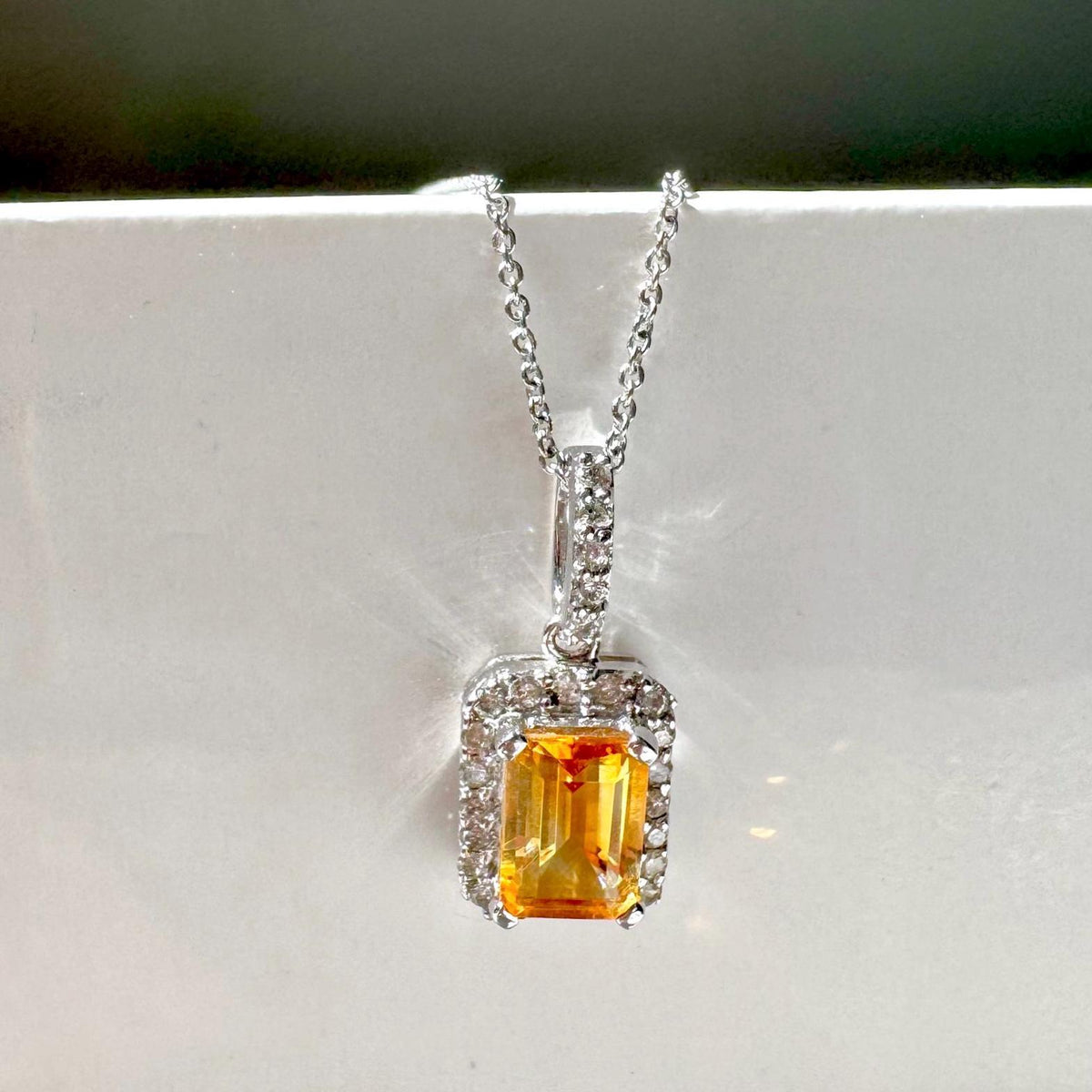 Citrine Diamond Pendant, Genuine Emerald Cut, 14k Solid White Gold Necklace, November Birthstone, Gift for Her