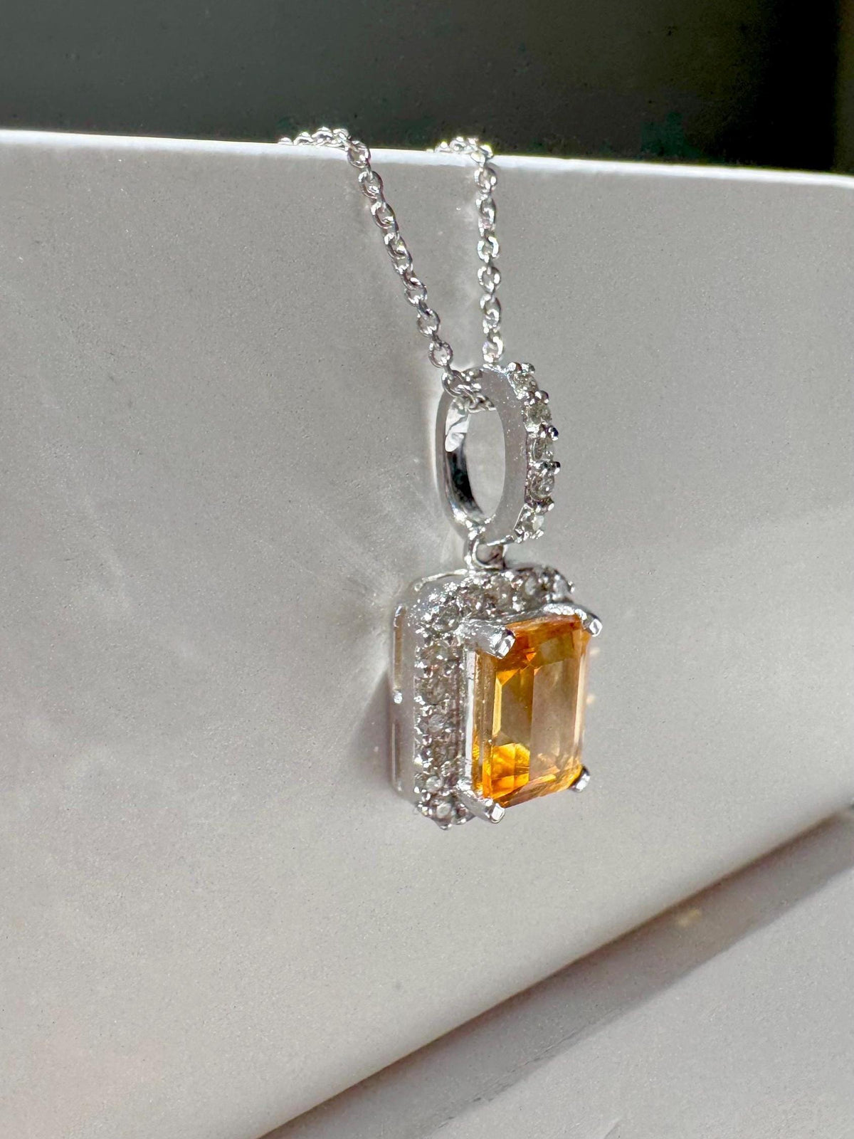 Citrine Diamond Pendant, Genuine Emerald Cut, 14k Solid White Gold Necklace, November Birthstone, Gift for Her