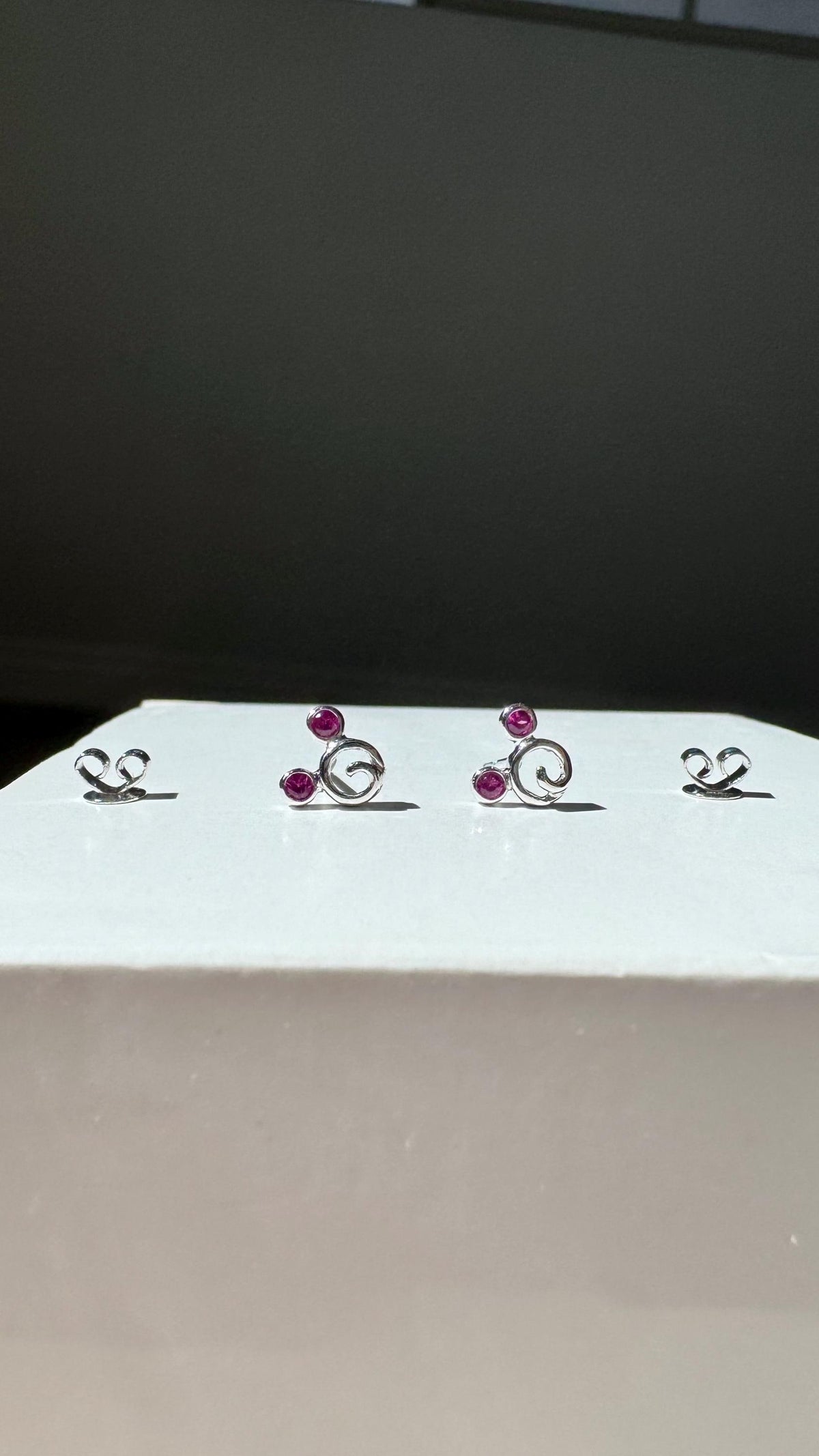 Genuine Ruby Mickey Round Stud Earrings / 18k Solid White Gold