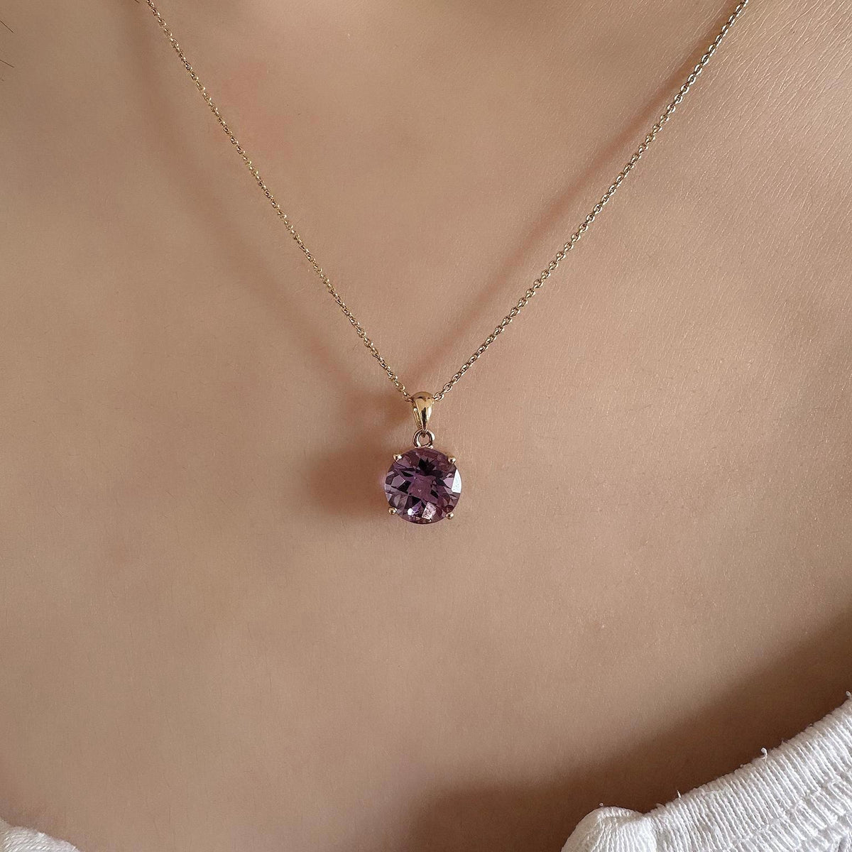 Genuine Amethyst Round Cut Pendant, 6.7mm, 14k Solid Gold, February Birthstone Gift