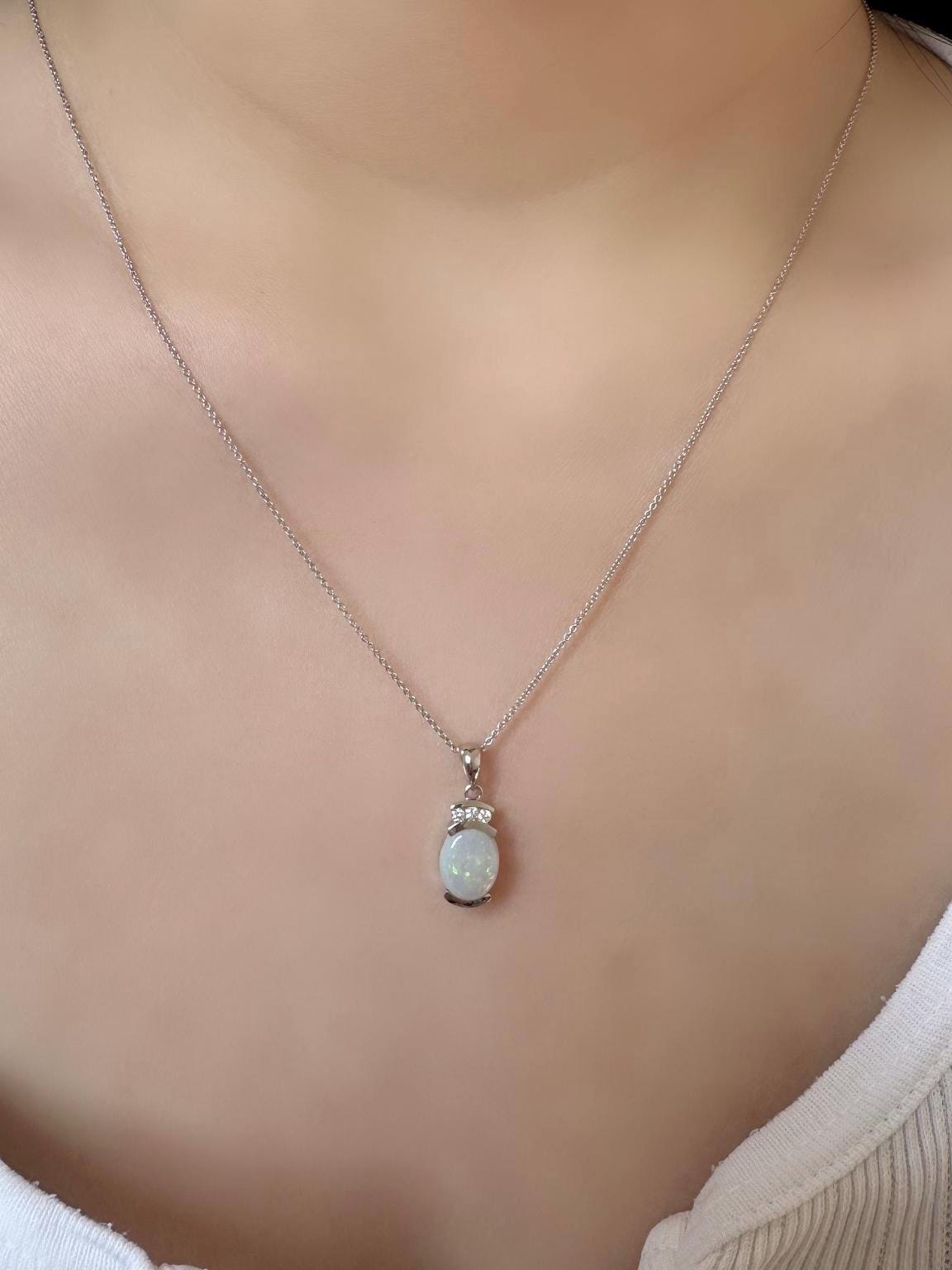 Genuine Oval Cut Opal and Diamond Pendant in 14k Solid Gold