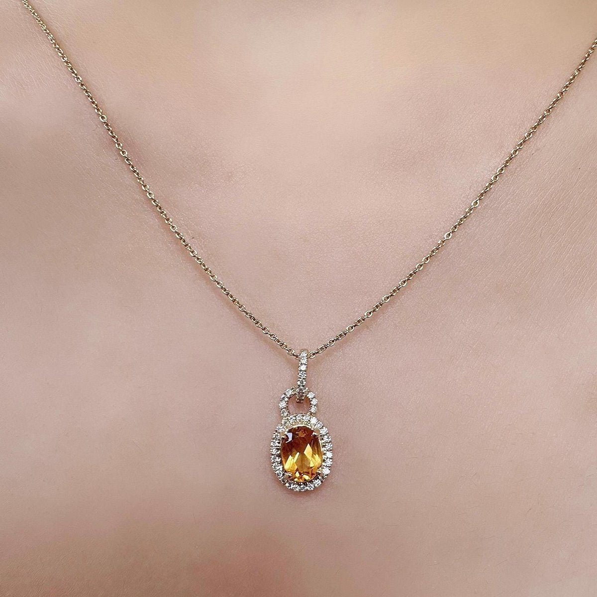 Genuine Citrine and Diamond Oval Pendant | 14k Solid Yellow Gold