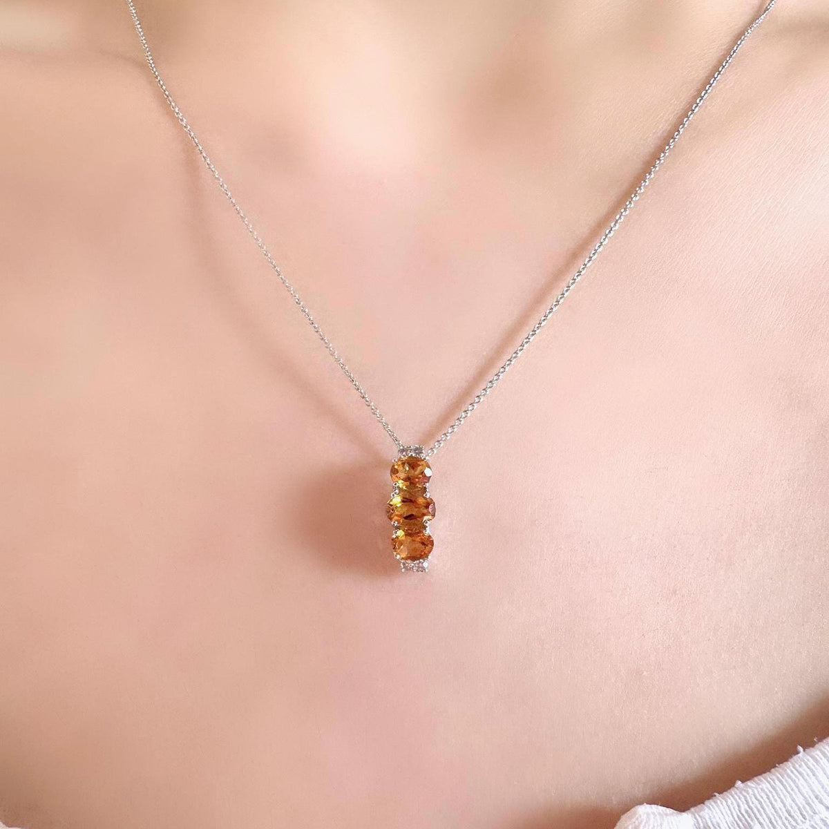 Genuine Citrine and Diamond Trio Oval Pendant, 14k Solid Gold, November Birthstone, Gift for Her