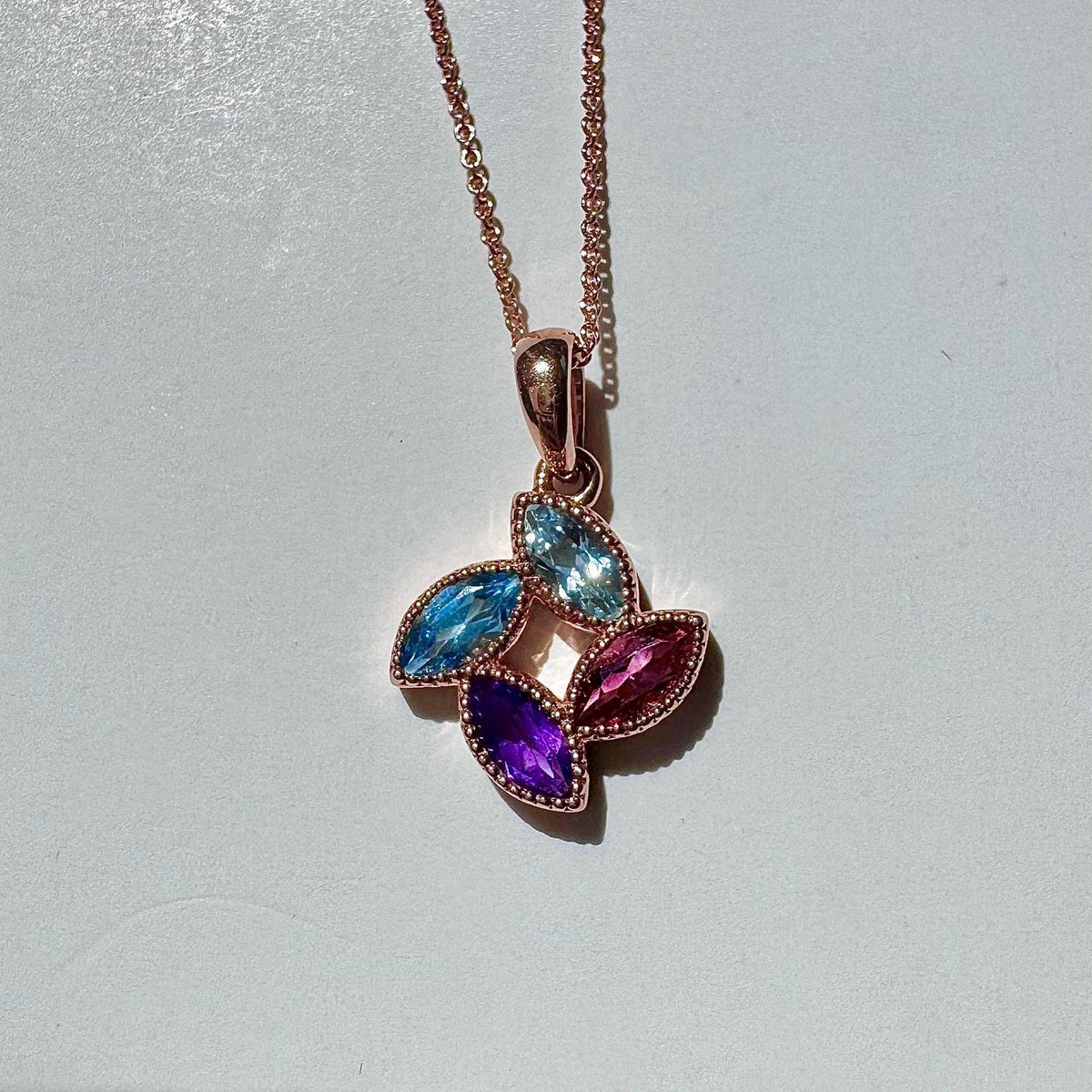 Genuine Multi-Color Stone Clover Pendant | 14k Rose Gold