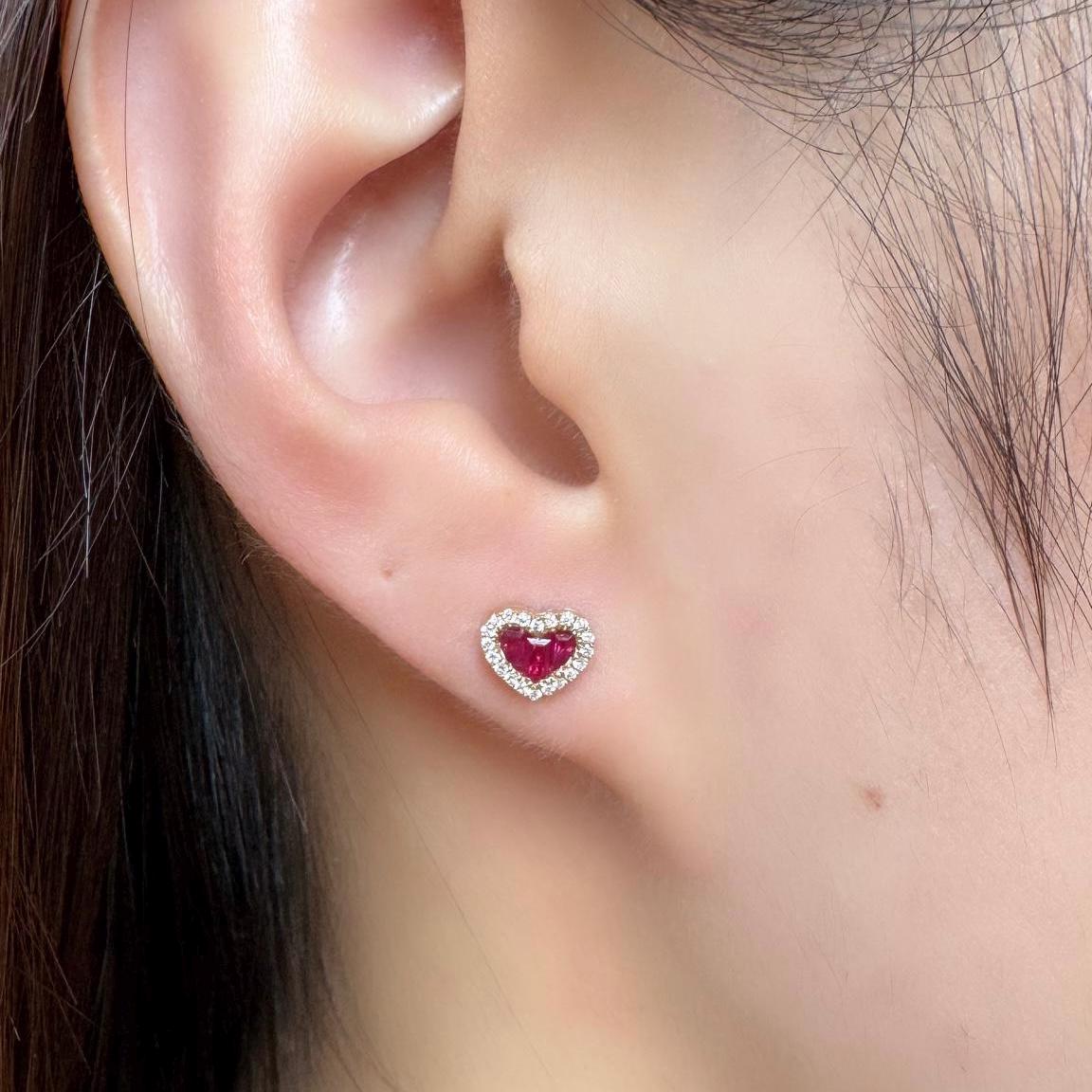 Genuine Ruby and Diamond Heart Earrings in 14k Solid Gold