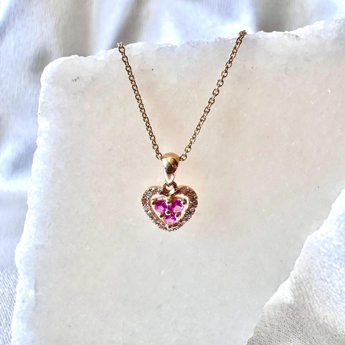 14k Gold Heart Pendant, Pink Sapphire & Diamond Halo, September Birthstone Gift