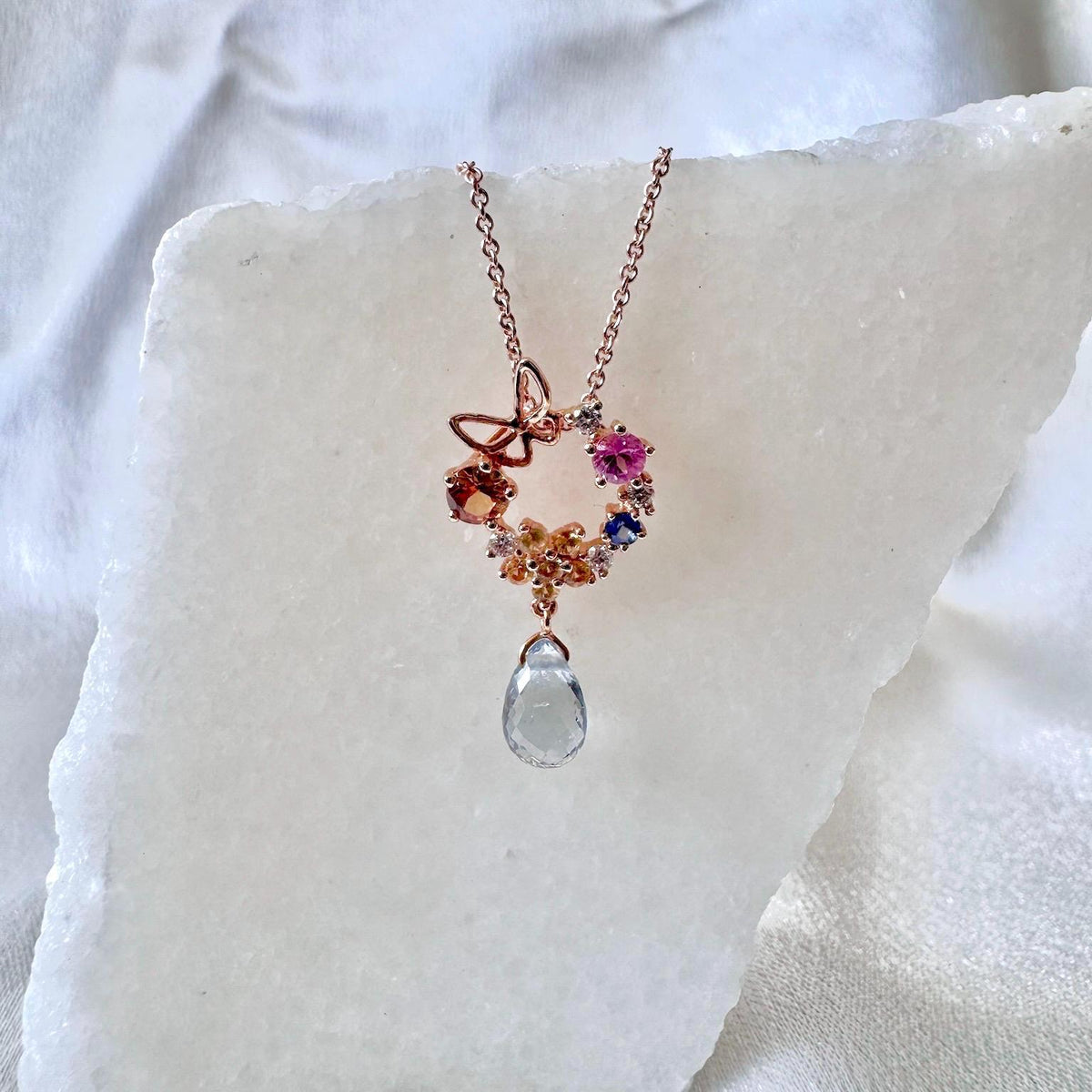 18k Solid Rose Gold Butterfly Wreath Pendant, Multi-Color Sapphire & Diamond, September Birthstone Gift