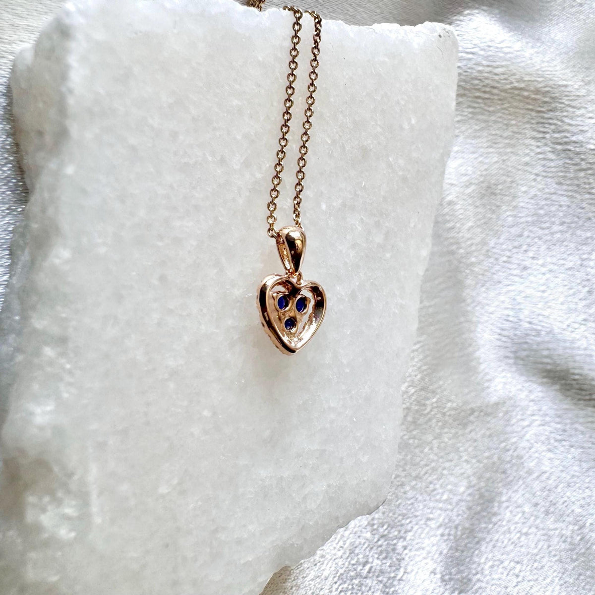 Genuine Sapphire and Diamond Dainty Heart Halo Pendant, 14k Solid Yellow Gold, September Birthstone, Gift for Her