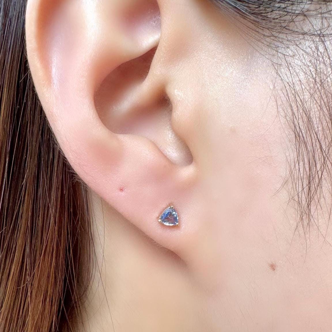 Genuine Ceylon Sapphire Trillion Cut Stud Earrings, 14k Solid Yellow Gold, September Birthstone Gift