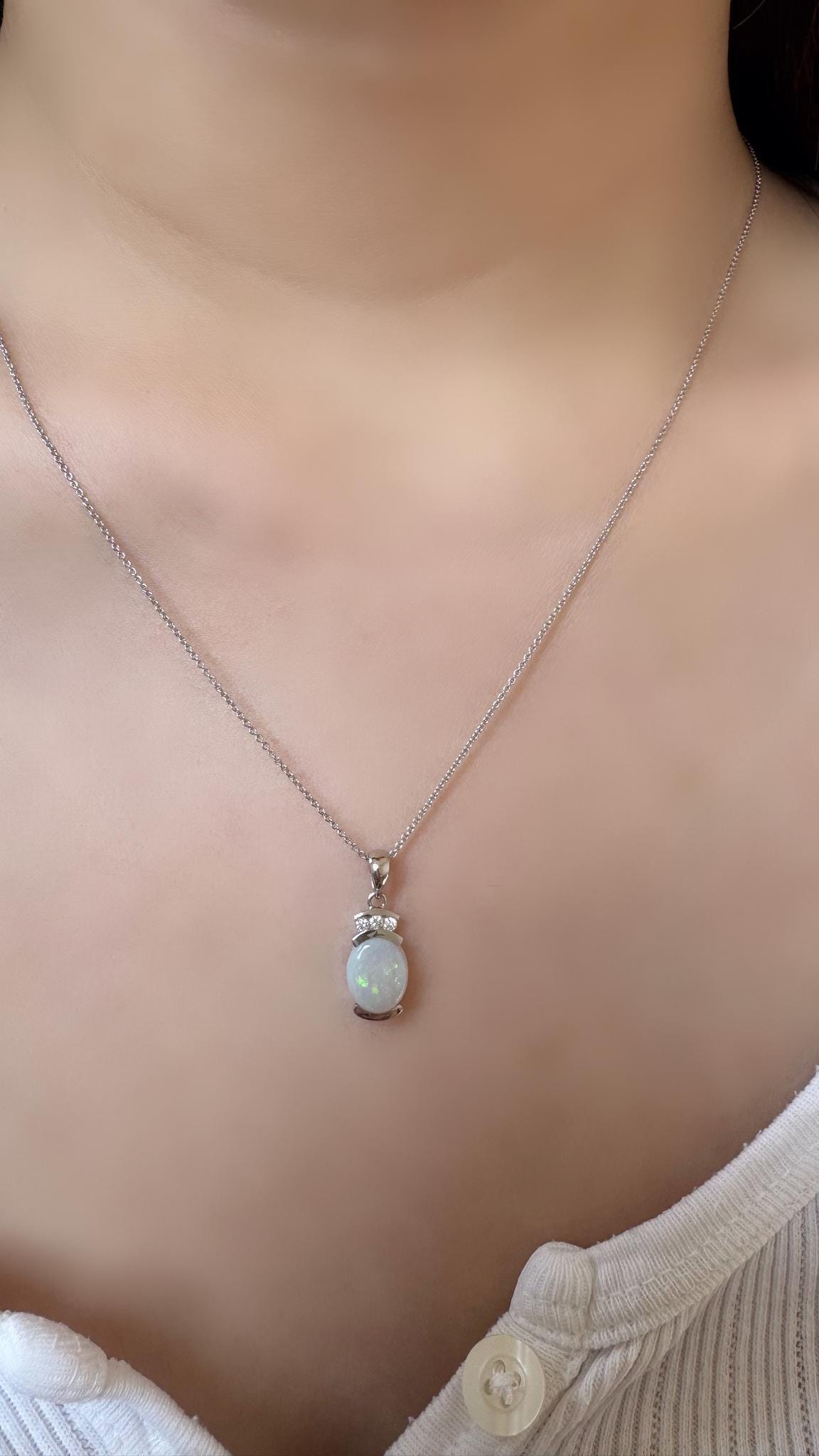 Genuine Oval Cut Opal and Diamond Pendant in 14k Solid Gold