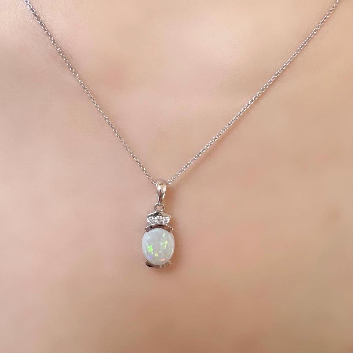 Genuine Oval Cut Opal and Diamond Pendant in 14k Solid Gold