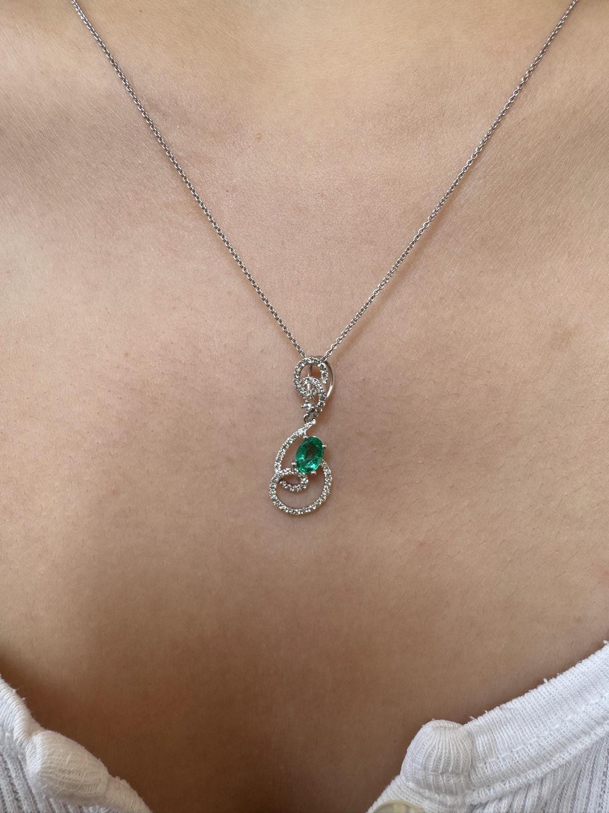 Genuine Emerald and Diamond Oval Cut Swirl Halo Pendant, 14k Solid White Gold, May Birthstone