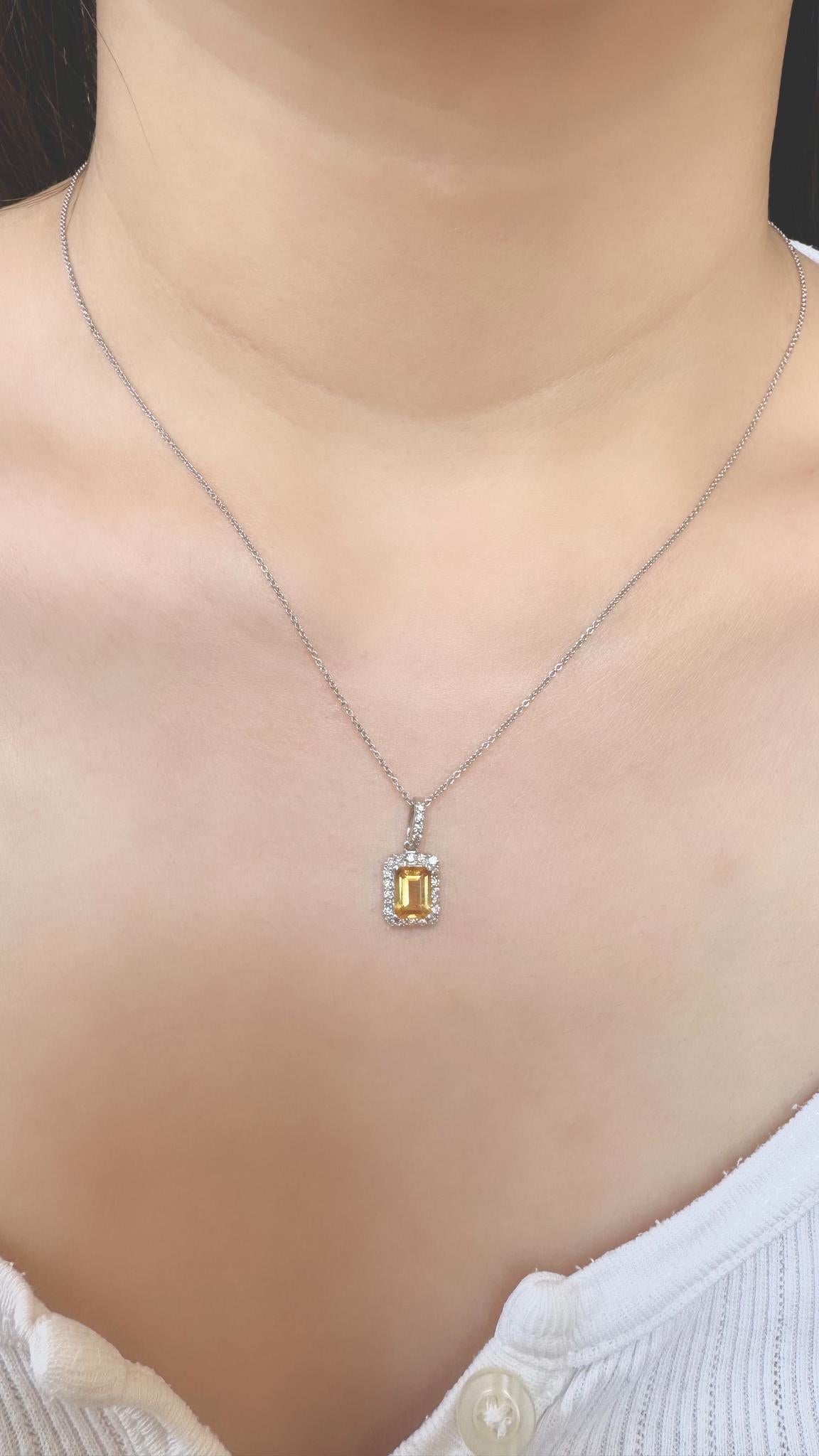 Citrine Diamond Pendant, Genuine Emerald Cut, 14k Solid White Gold Necklace, November Birthstone, Gift for Her