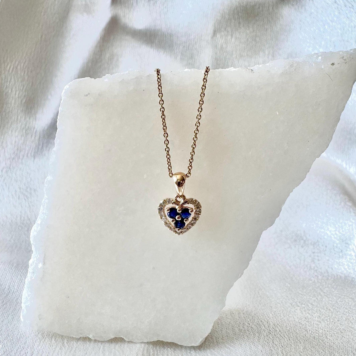 Genuine Sapphire and Diamond Dainty Heart Halo Pendant, 14k Solid Yellow Gold, September Birthstone, Gift for Her