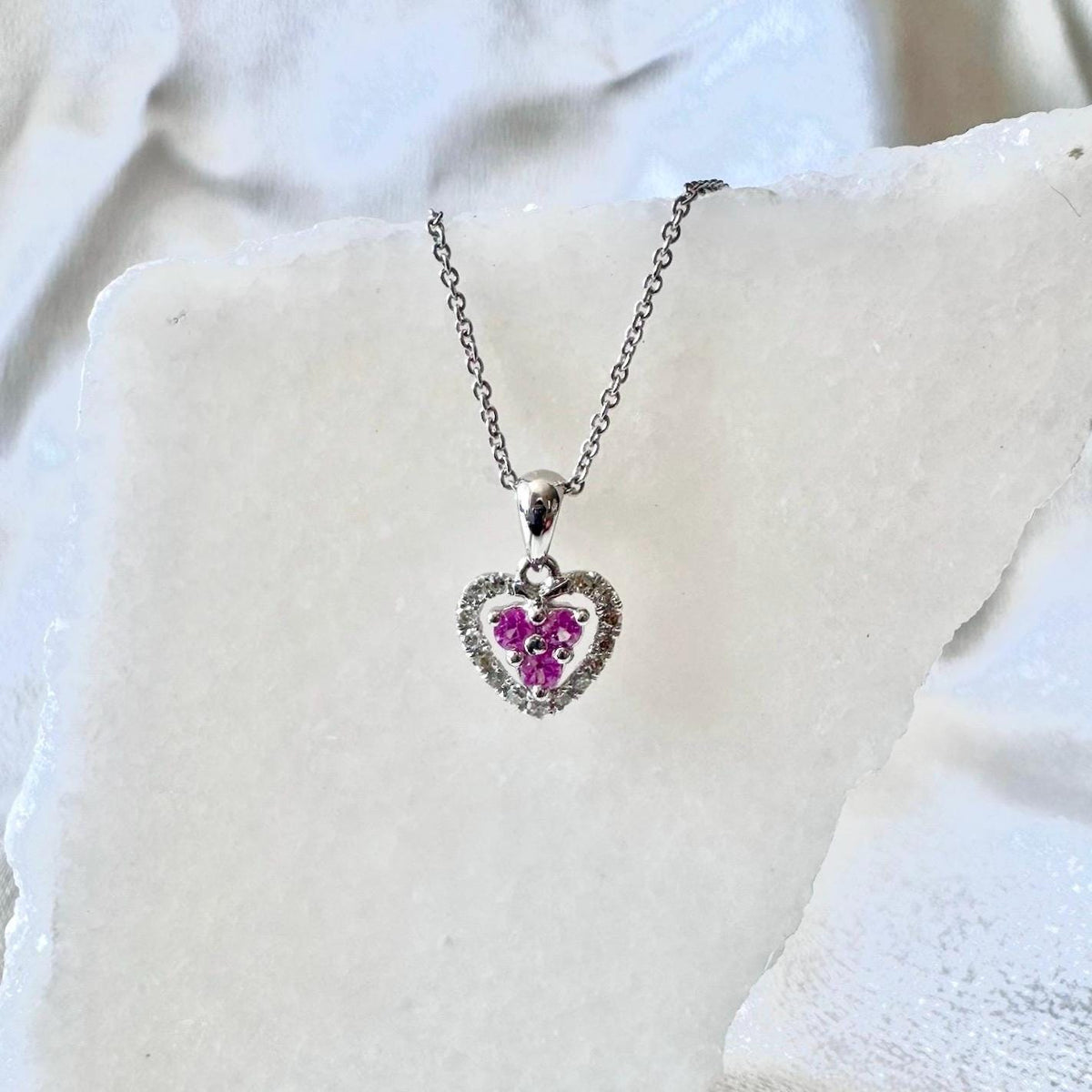 14k Gold Heart Pendant, Pink Sapphire & Diamond Halo, September Birthstone Gift