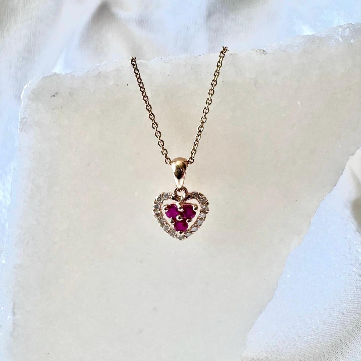 Genuine Ruby and Diamond Dainty Heart Halo Pendant, 14k Solid Gold, July Birthstone, Gift for Her