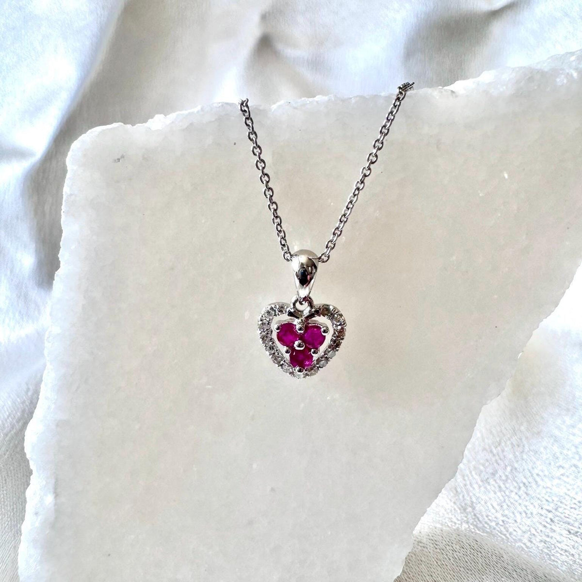 Genuine Ruby and Diamond Dainty Heart Halo Pendant, 14k Solid Gold, July Birthstone, Gift for Her