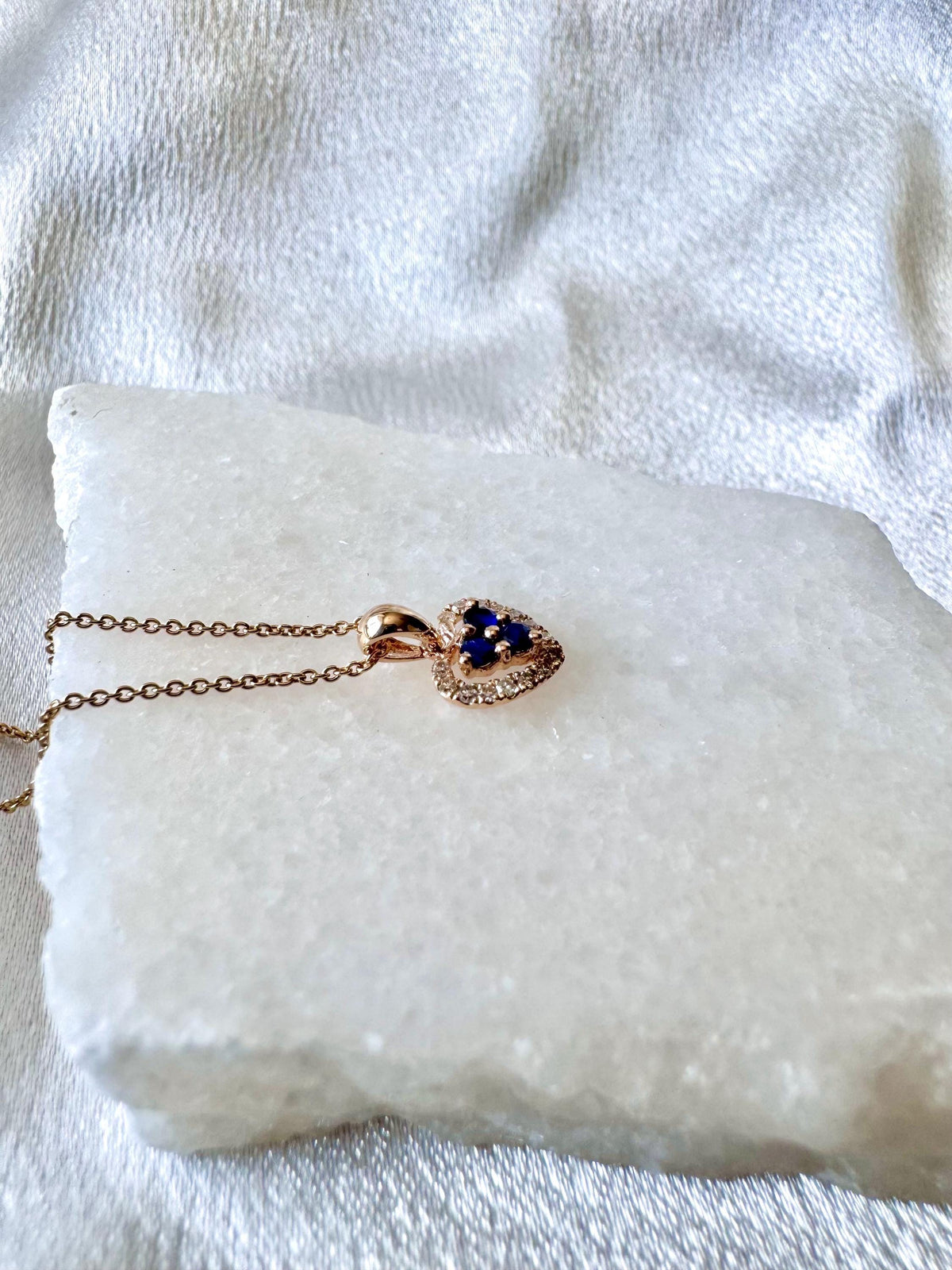 Genuine Sapphire and Diamond Dainty Heart Halo Pendant, 14k Solid Yellow Gold, September Birthstone, Gift for Her