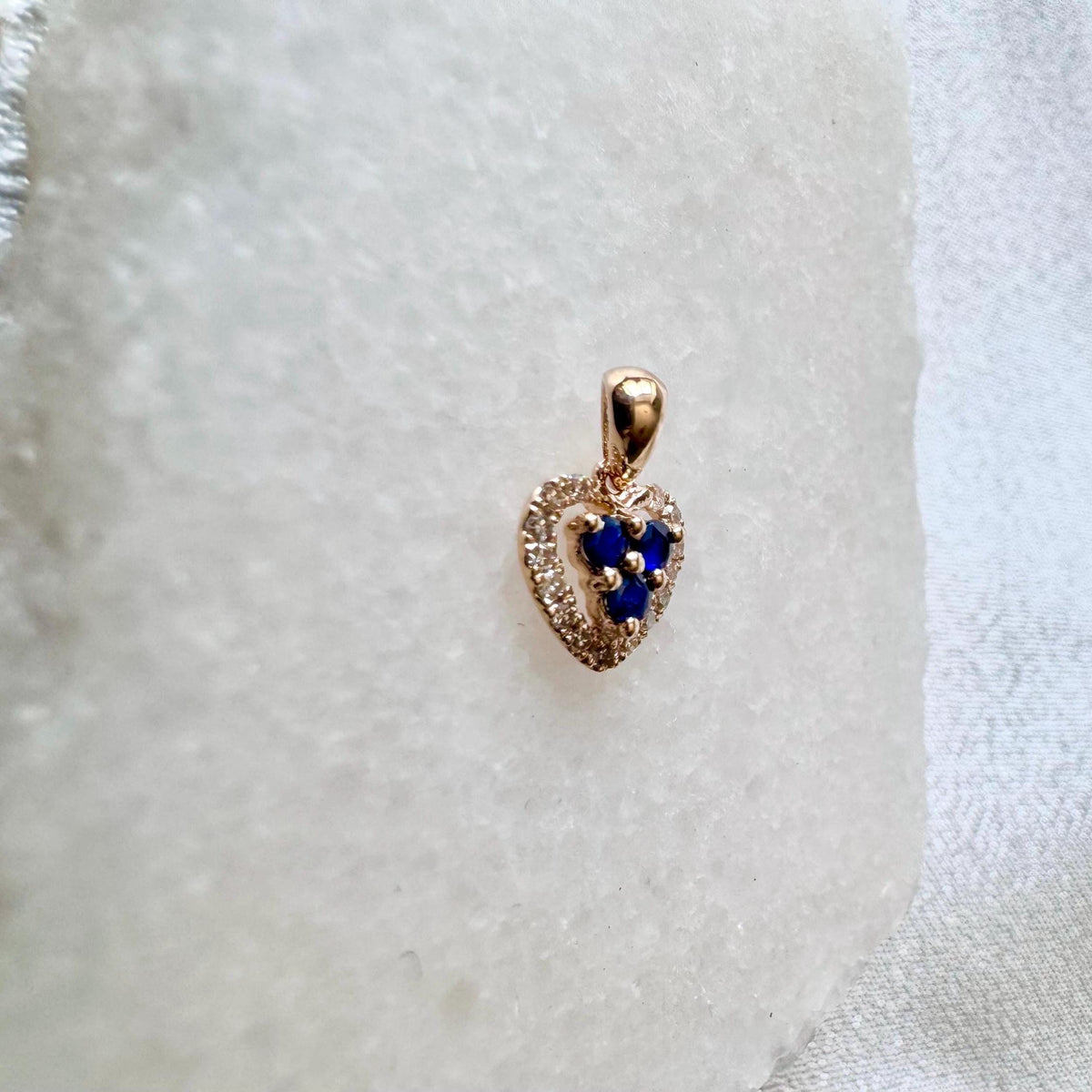 Genuine Sapphire and Diamond Dainty Heart Halo Pendant, 14k Solid Yellow Gold, September Birthstone, Gift for Her