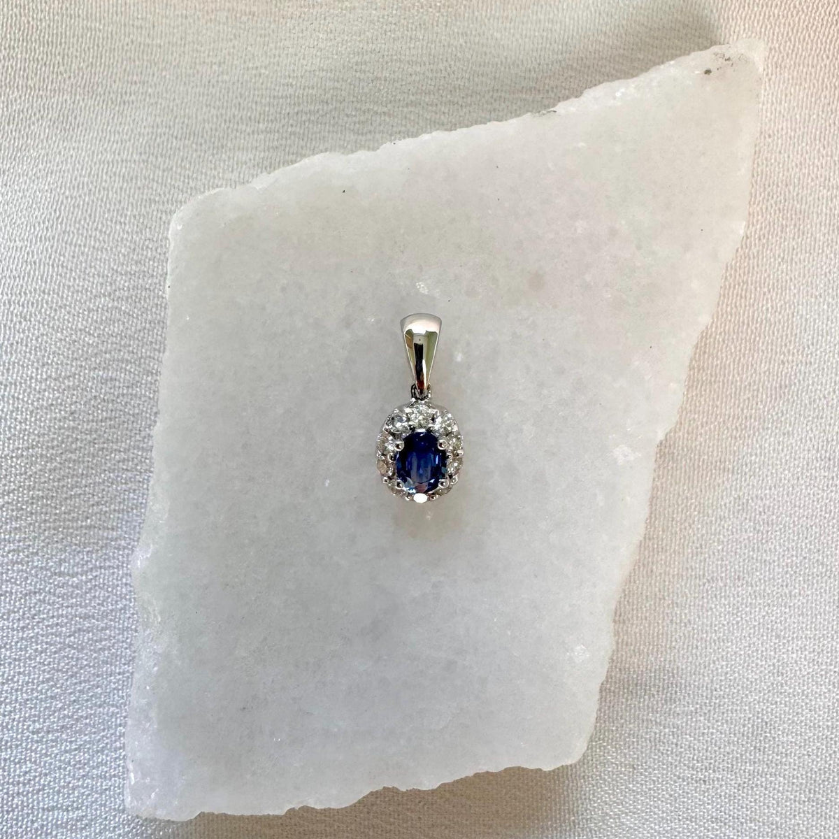 Genuine Sapphire and Diamond Halo Pendant, 14k Solid White Gold, September Birthstone, Gift for Her