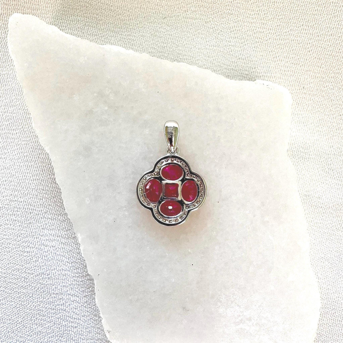 Genuine Ruby and Diamond Clover Pendant | 18k Solid White Gold