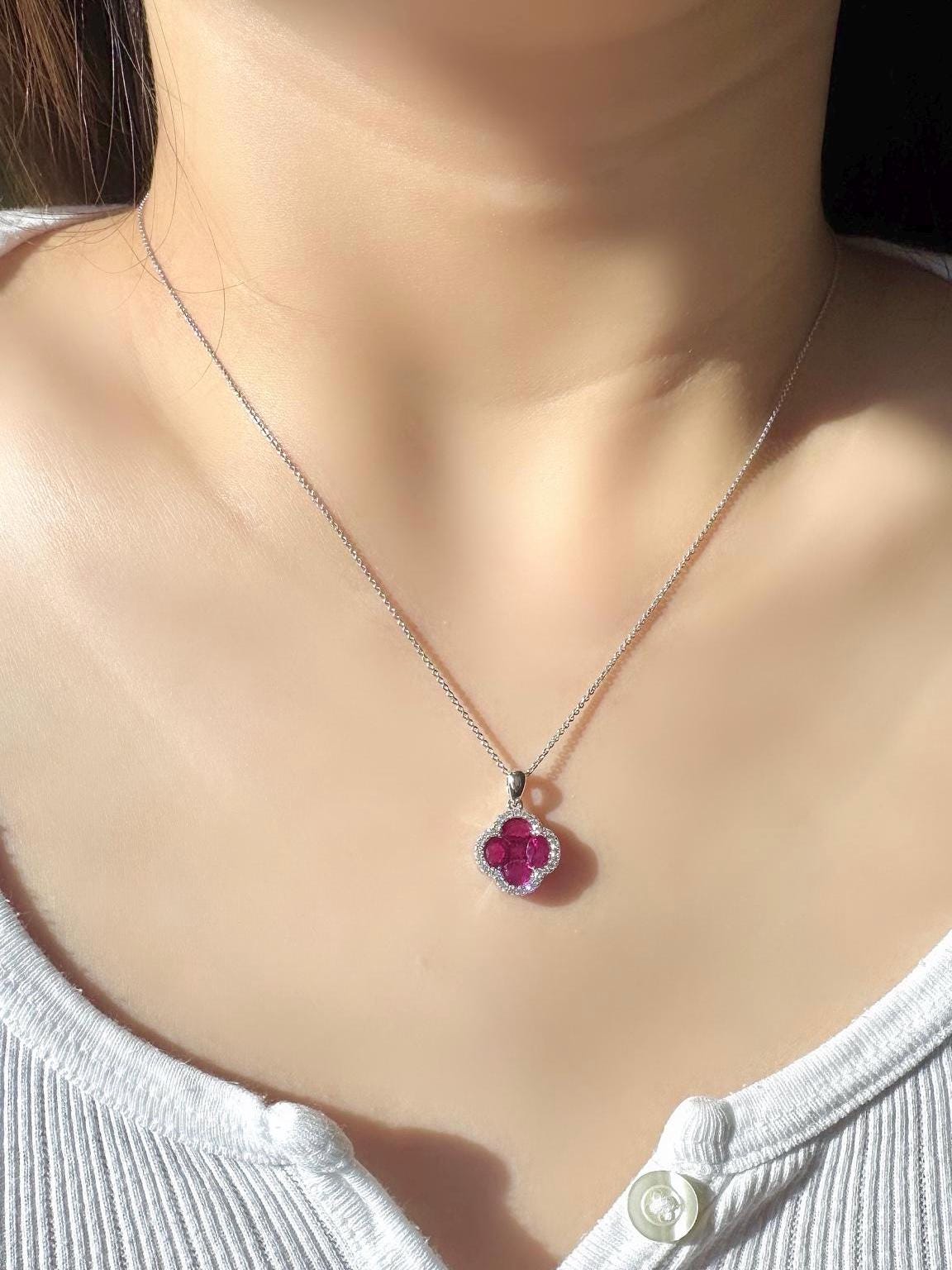 Genuine Ruby and Diamond Clover Pendant | 18k Solid White Gold
