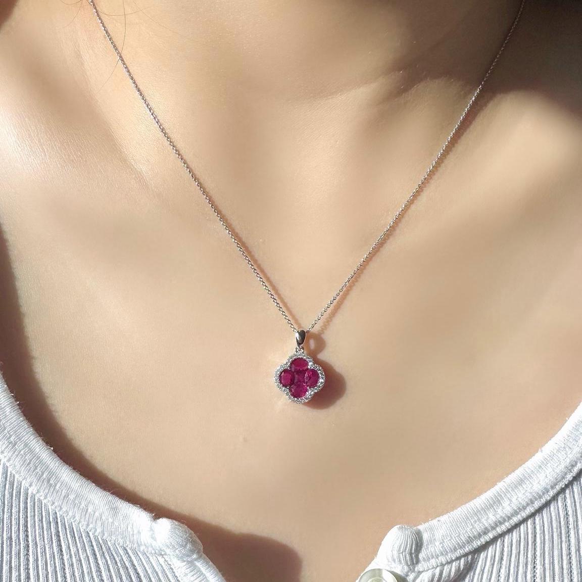 Genuine Ruby and Diamond Clover Pendant | 18k Solid White Gold