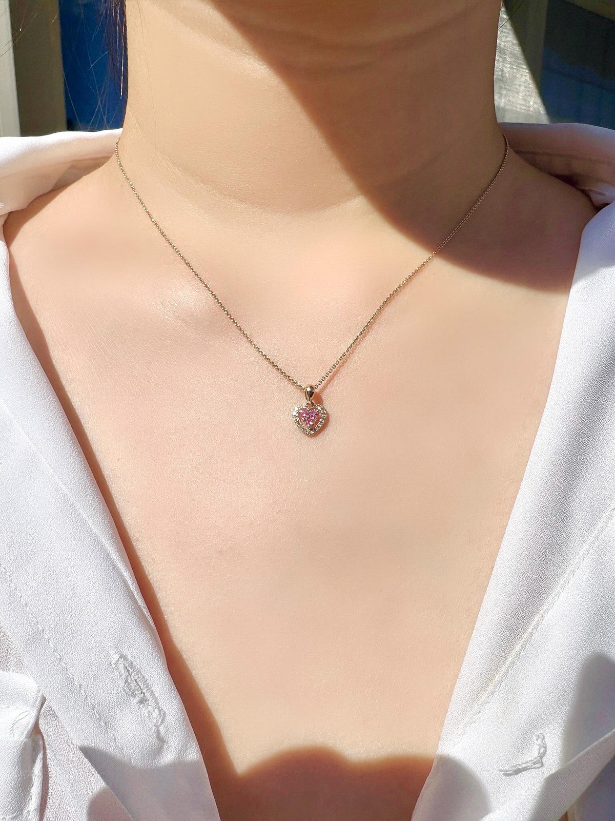 14k Gold Heart Pendant, Pink Sapphire & Diamond Halo, September Birthstone Gift