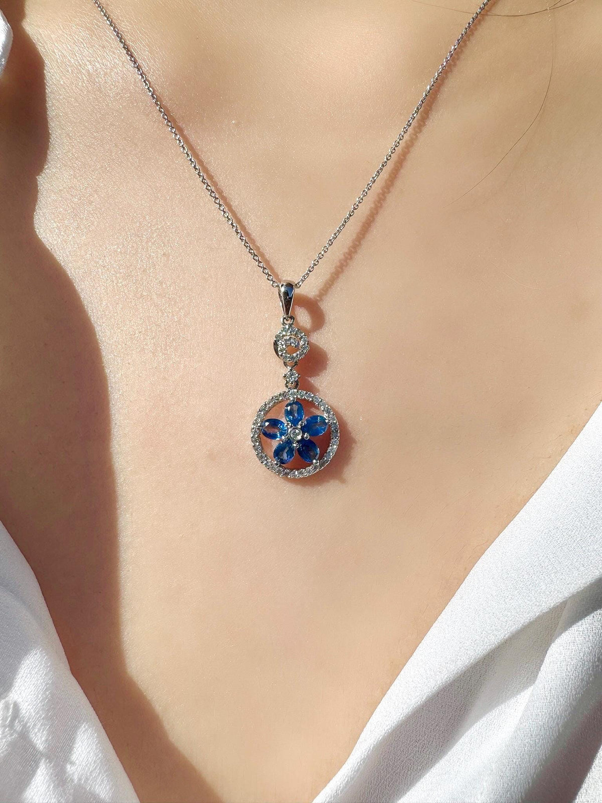 18k White Gold Sapphire Diamond Flower Halo Pendant, September Birthstone Gift