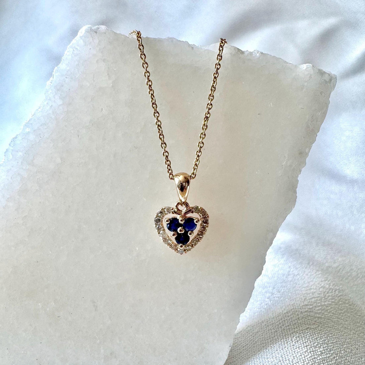 Genuine Sapphire and Diamond Dainty Heart Halo Pendant, 14k Solid Yellow Gold, September Birthstone, Gift for Her