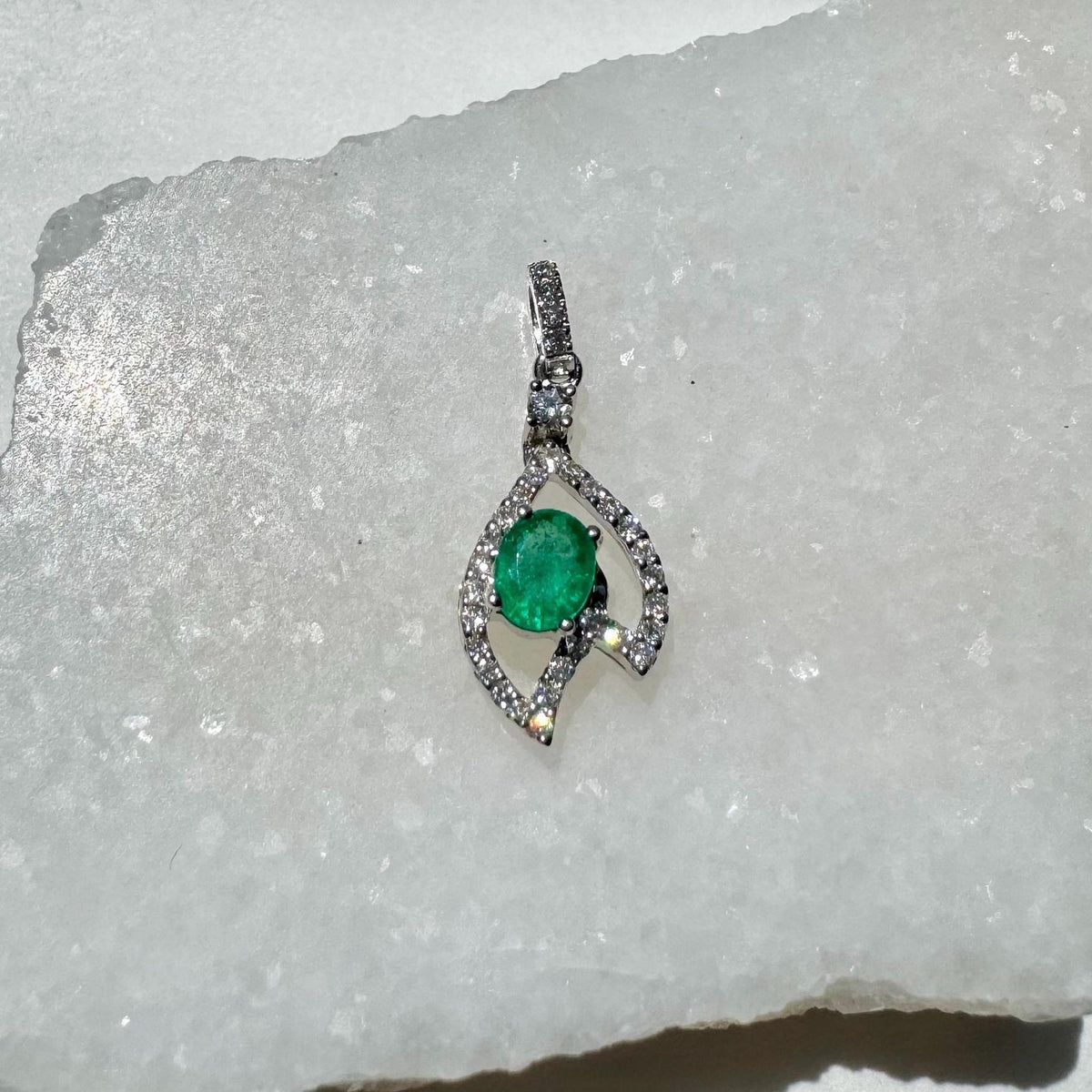 Genuine Emerald and Diamond Oval Cut Leaf Pendant, 18k Solid White Gold, May Birthstone