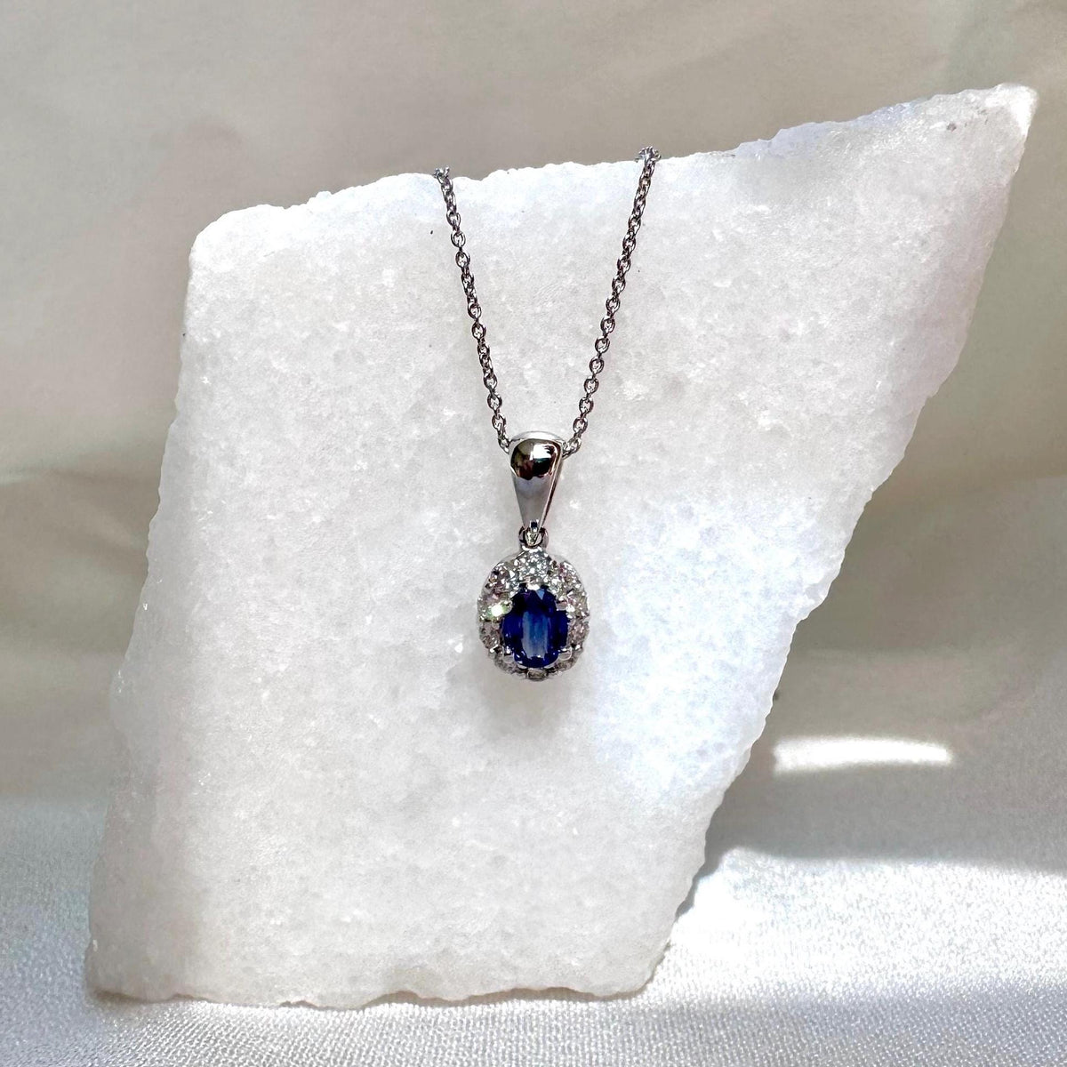 Genuine Sapphire and Diamond Halo Pendant, 14k Solid White Gold, September Birthstone, Gift for Her