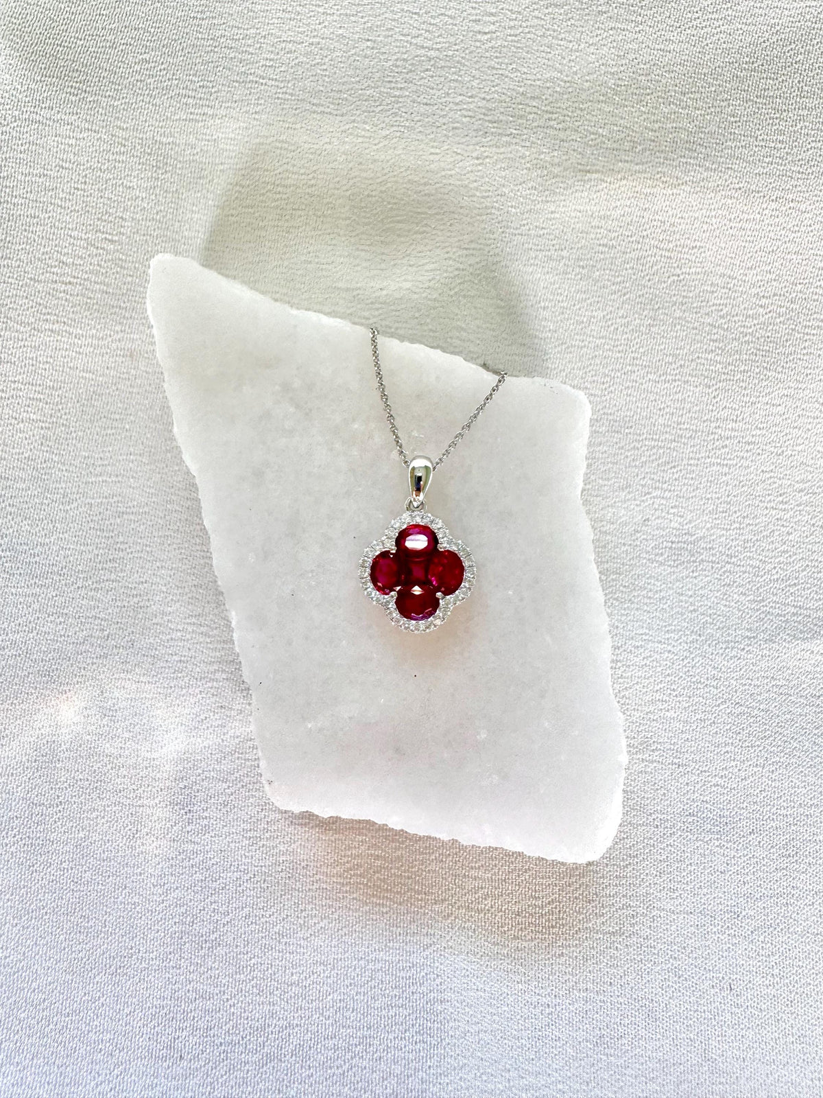 Genuine Ruby and Diamond Clover Pendant | 18k Solid White Gold