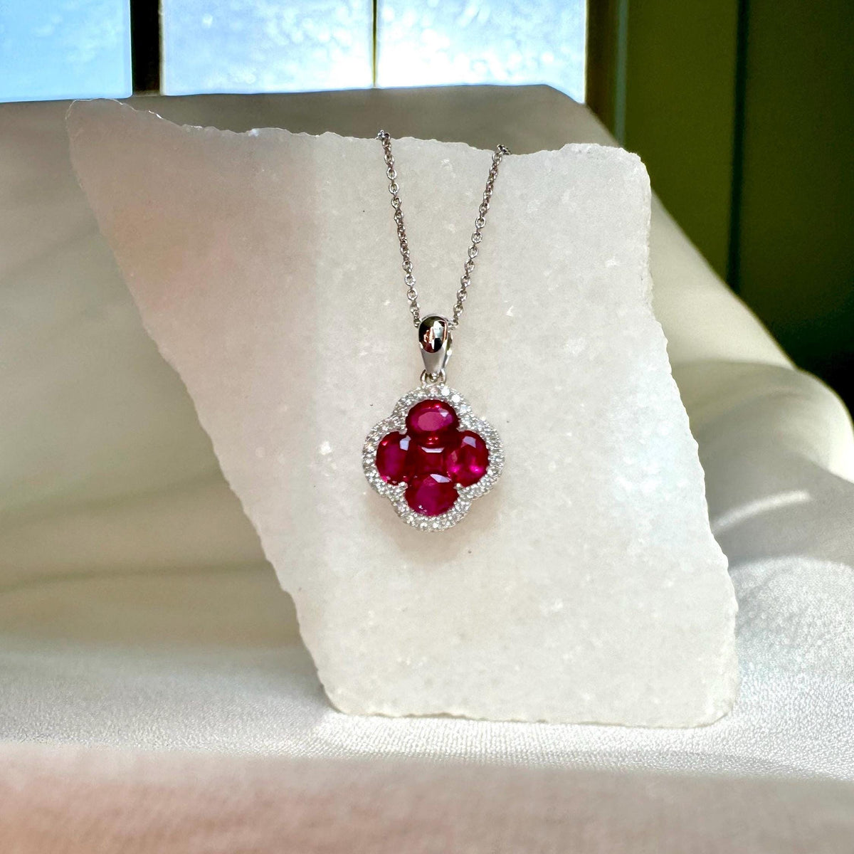 Genuine Ruby and Diamond Clover Pendant | 18k Solid White Gold