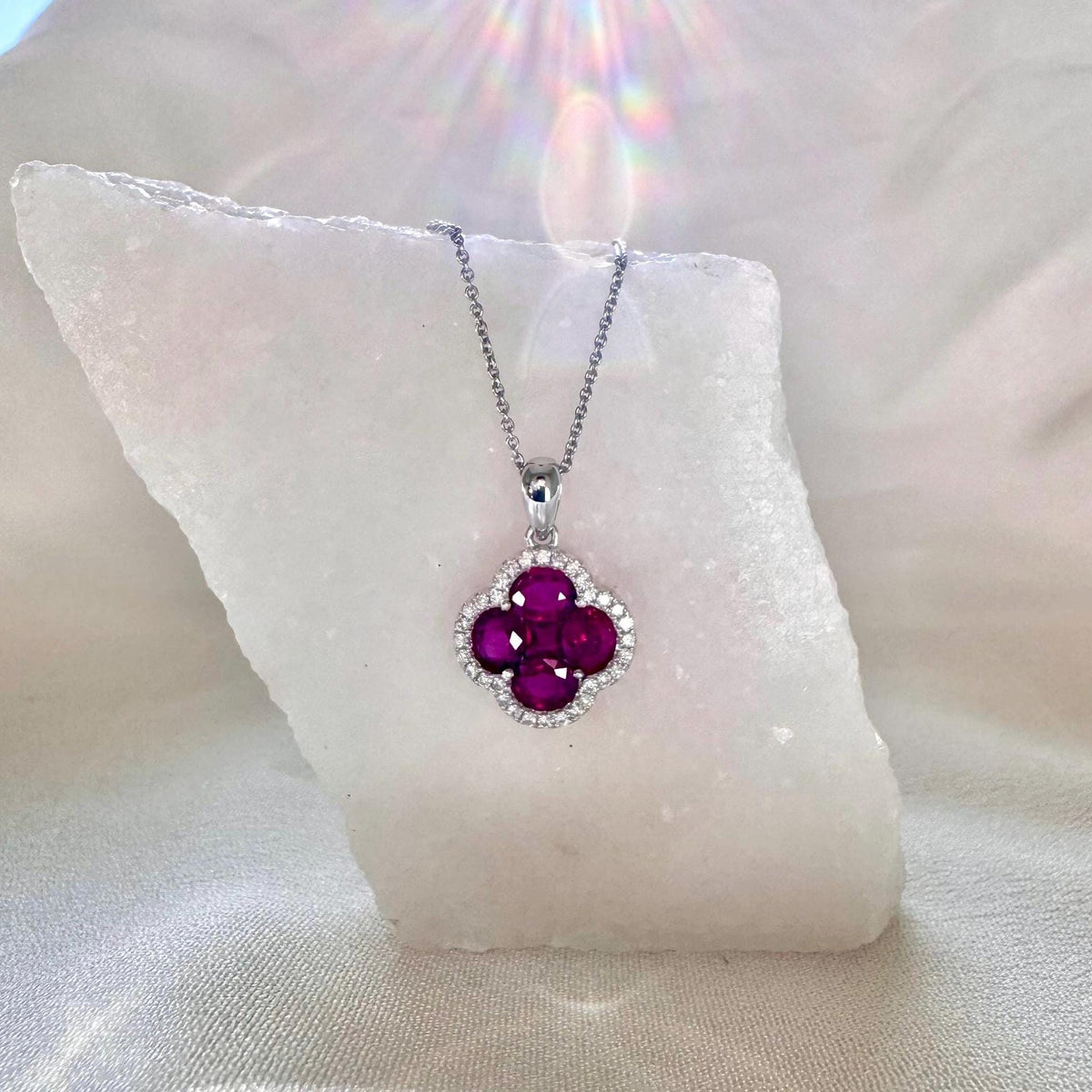 Genuine Ruby and Diamond Clover Pendant | 18k Solid White Gold