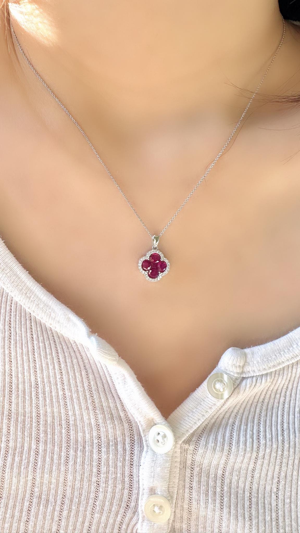 Genuine Ruby and Diamond Clover Pendant | 18k Solid White Gold