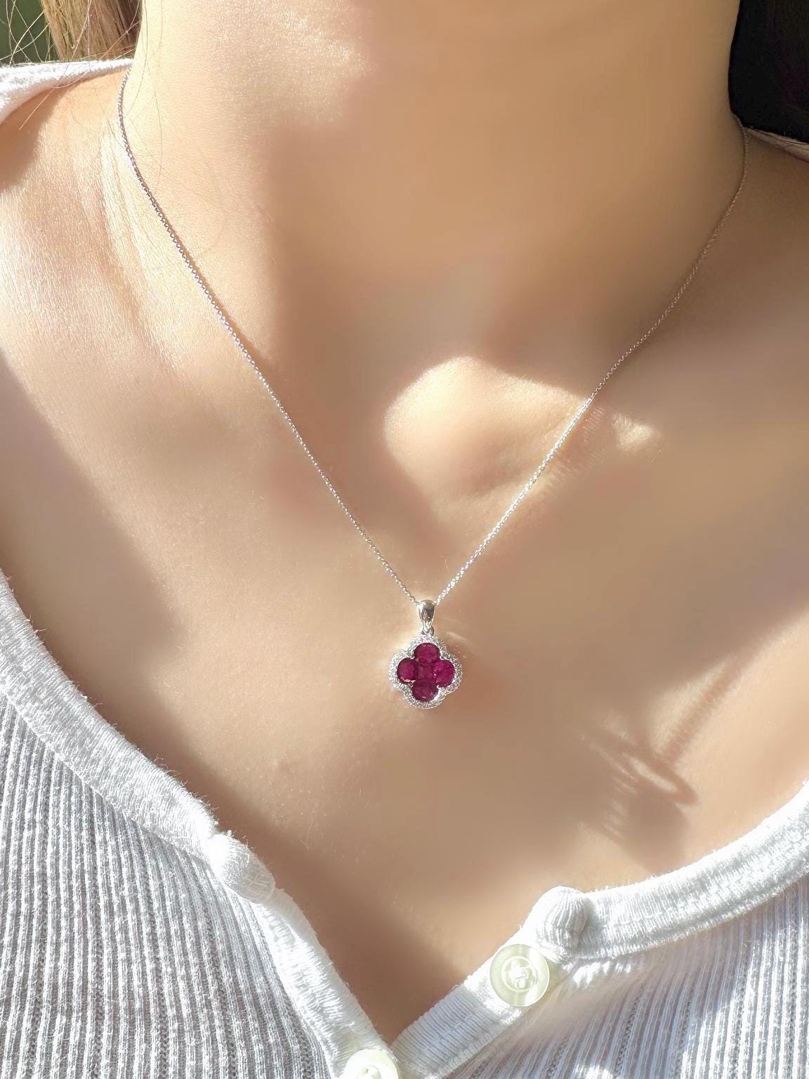 Genuine Ruby and Diamond Clover Pendant | 18k Solid White Gold