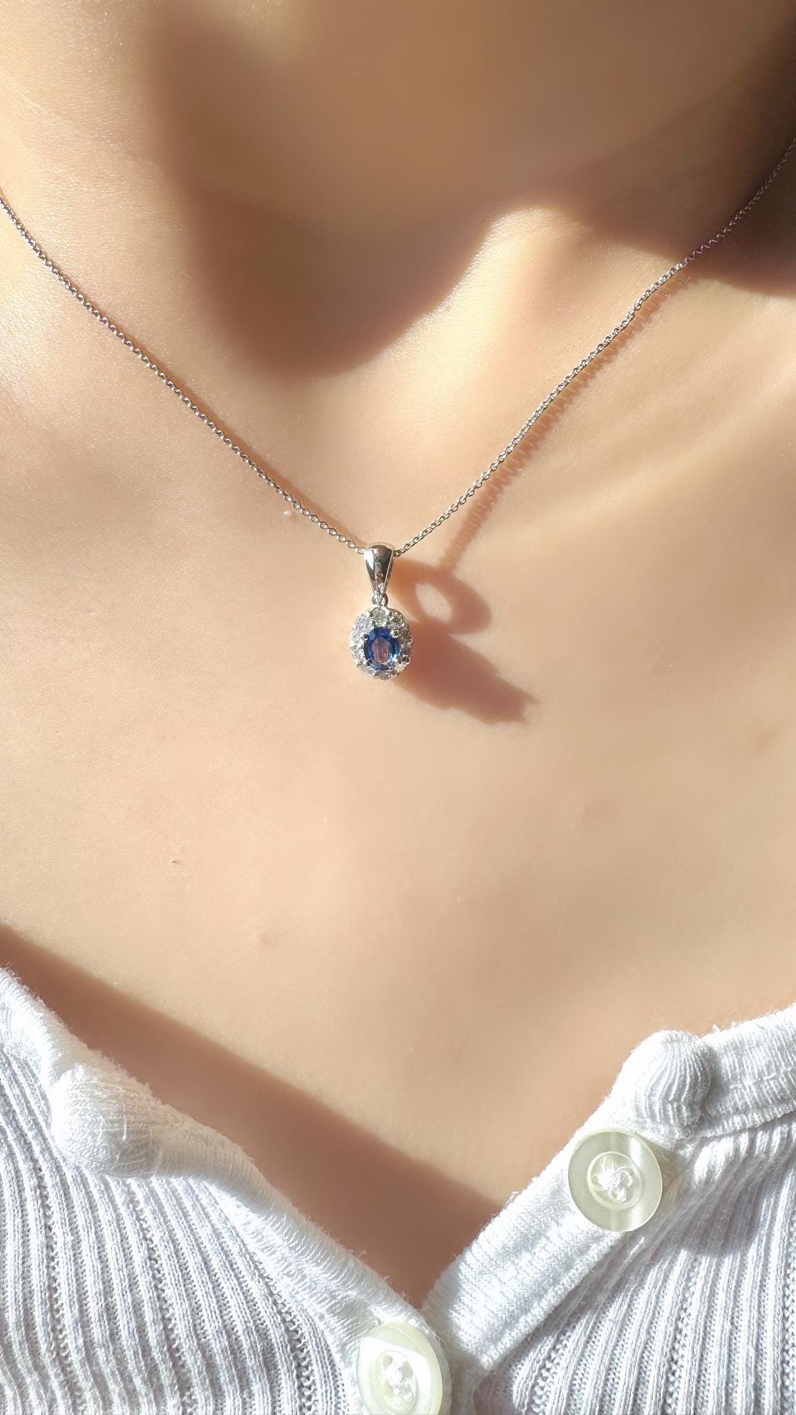 Genuine Sapphire and Diamond Halo Pendant, 14k Solid White Gold, September Birthstone, Gift for Her