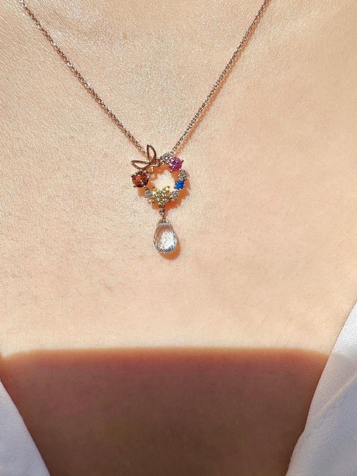 18k Solid Rose Gold Butterfly Wreath Pendant, Multi-Color Sapphire & Diamond, September Birthstone Gift