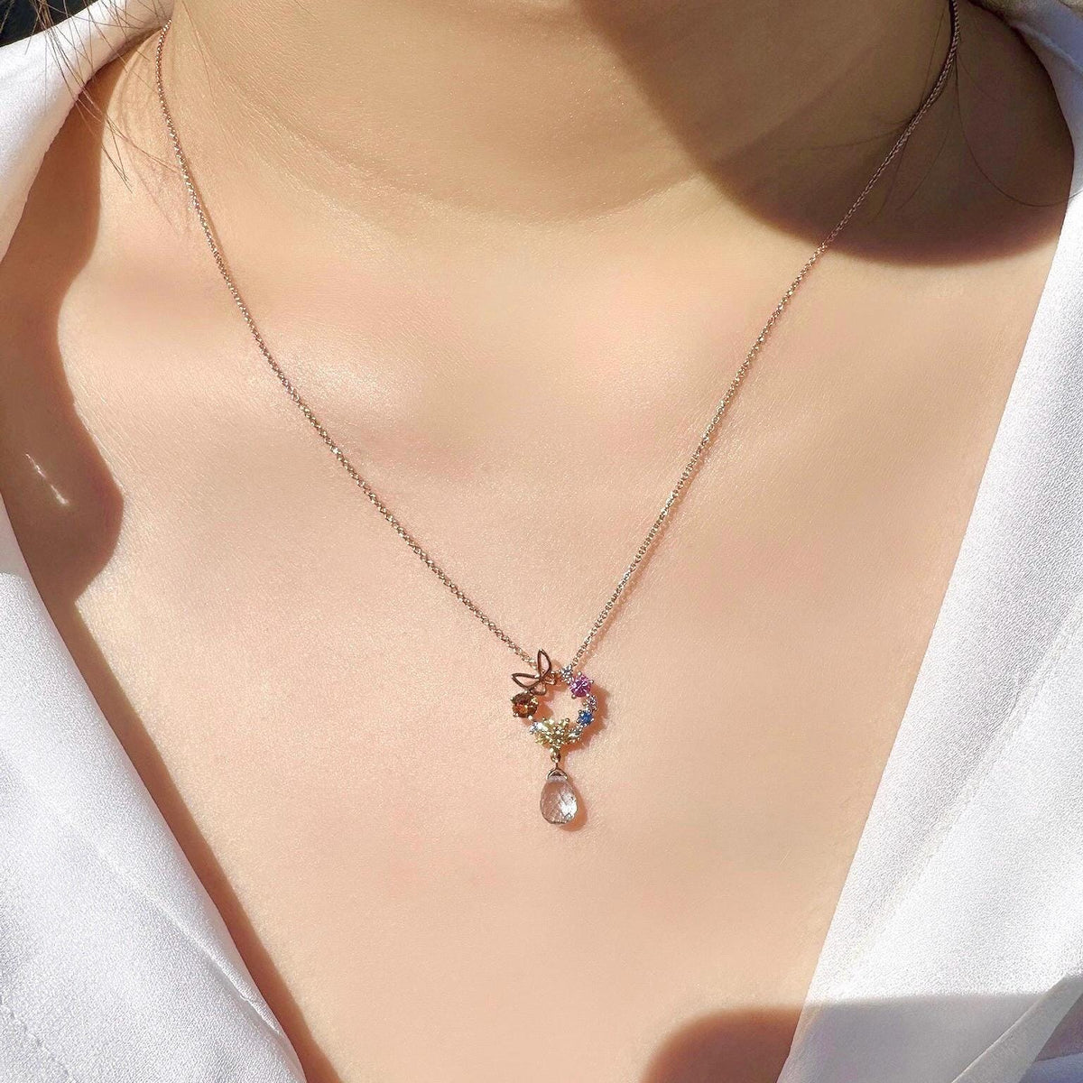 18k Solid Rose Gold Butterfly Wreath Pendant, Multi-Color Sapphire & Diamond, September Birthstone Gift