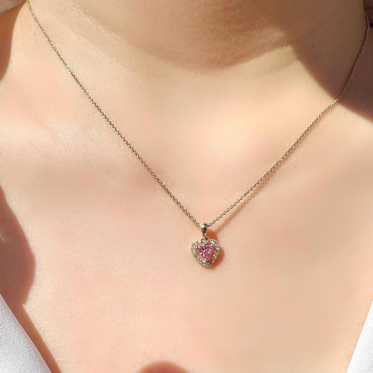 14k Gold Heart Pendant, Pink Sapphire & Diamond Halo, September Birthstone Gift