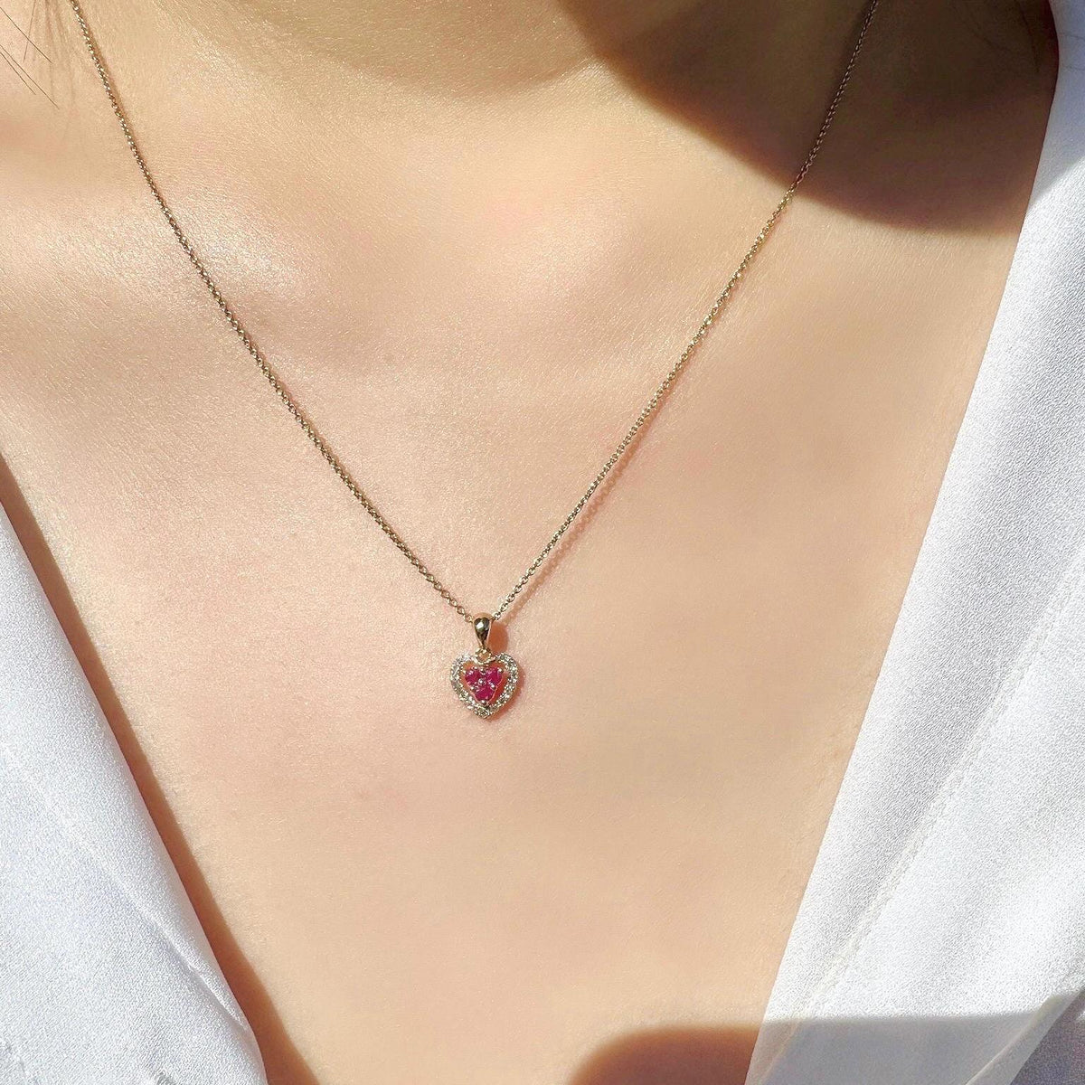 Genuine Ruby and Diamond Dainty Heart Halo Pendant, 14k Solid Gold, July Birthstone, Gift for Her