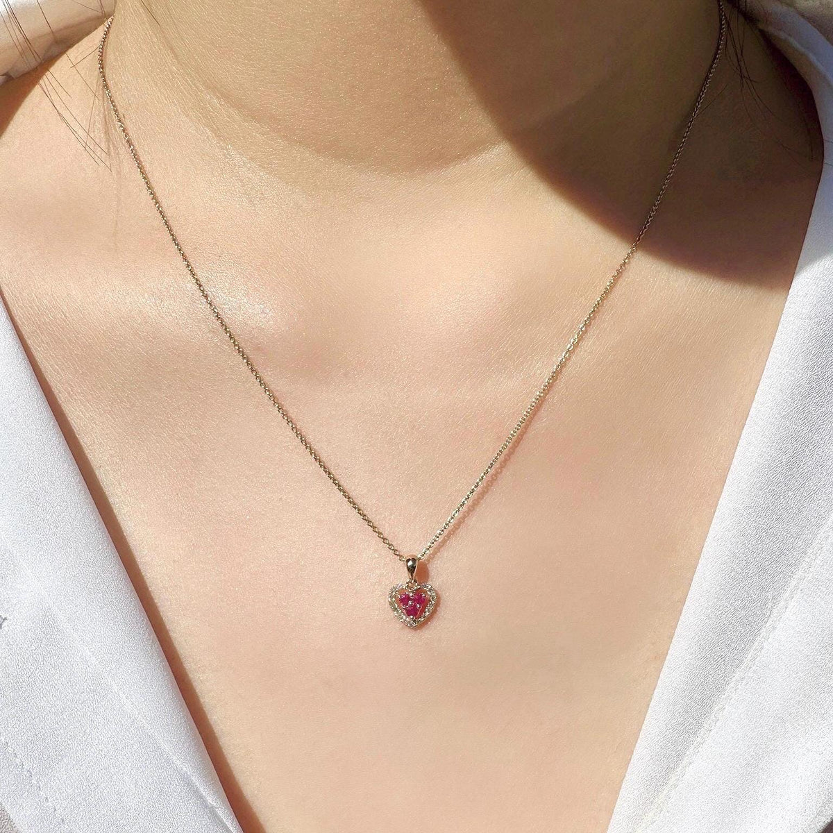 Genuine Ruby and Diamond Dainty Heart Halo Pendant, 14k Solid Gold, July Birthstone, Gift for Her