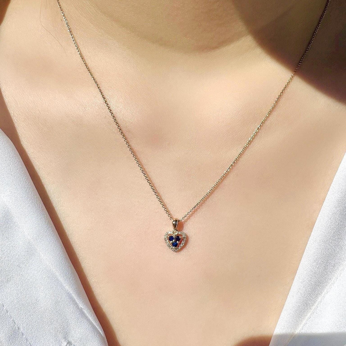 Genuine Sapphire and Diamond Dainty Heart Halo Pendant, 14k Solid Yellow Gold, September Birthstone, Gift for Her