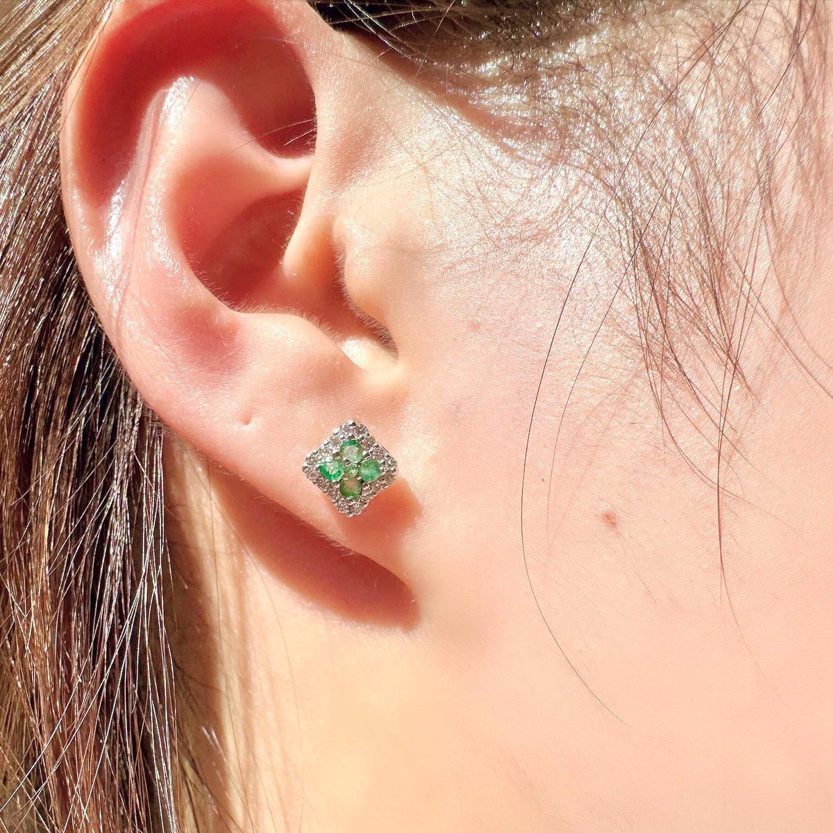 Genuine Emerald Diamond Square Halo Stud Earrings, 14k Solid White Gold, May Birthstone