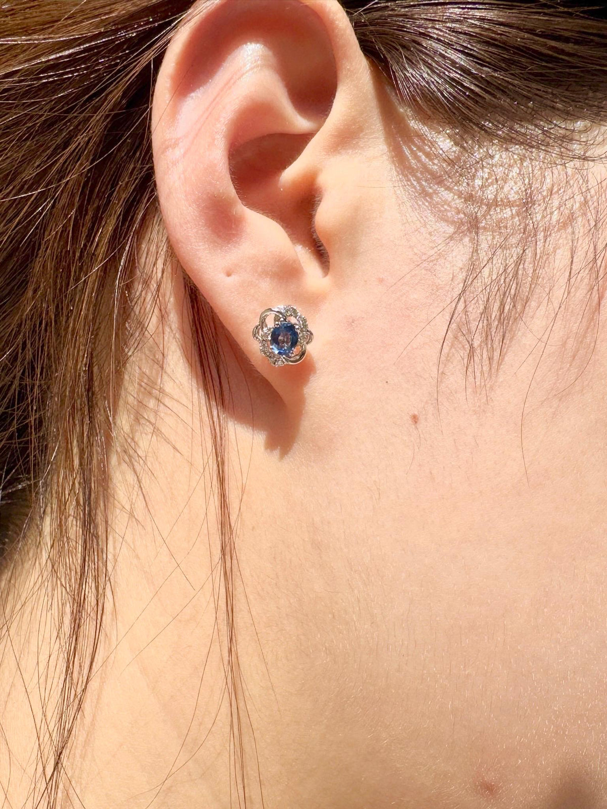 18k White Gold Oval Sapphire Diamond Flower Stud Earrings, September Birthstone Gift