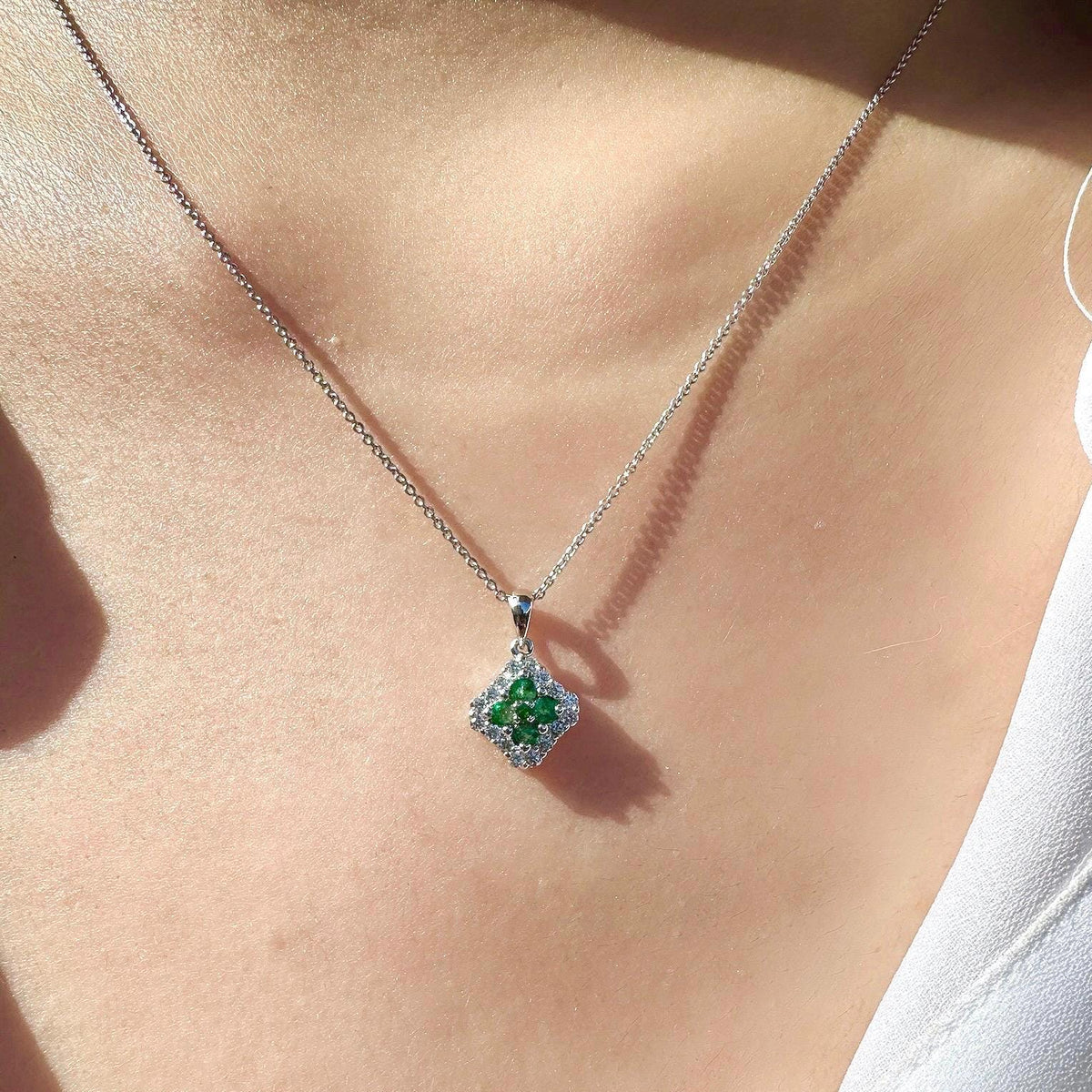 Genuine Emerald and Diamond Square Pendant in 18k Solid White Gold