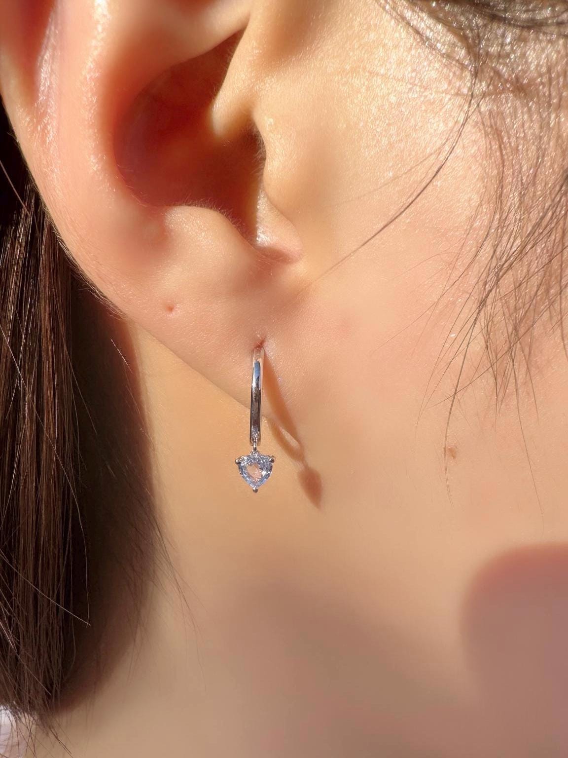 14k Solid Gold Heart Dangle Hoop Earrings, Ceylon Sapphire, September Birthstone Gift