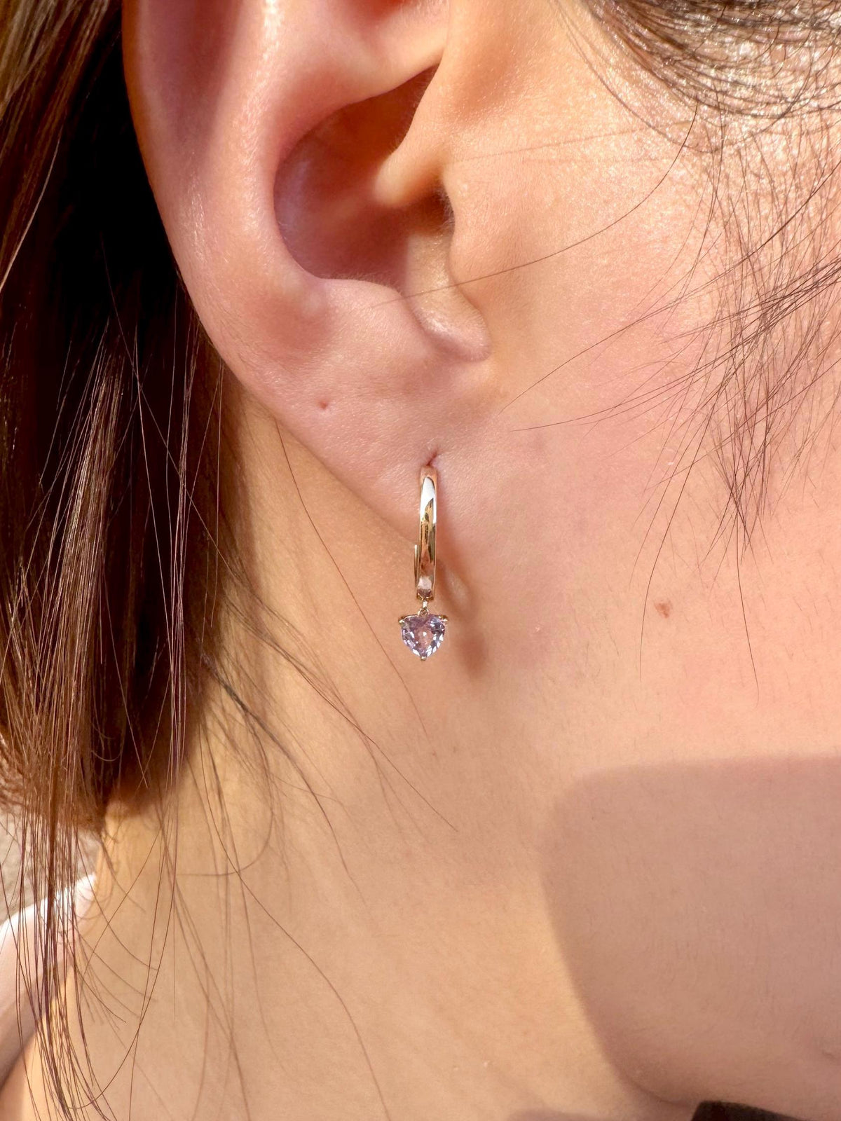 14k Solid Gold Heart Dangle Hoop Earrings, Purple Sapphire, September Birthstone Gift